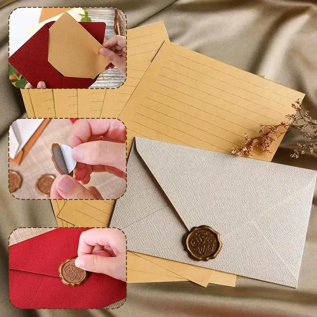 Ensemble de Papeterie Vintage 38 Pièces avec Enveloppes Papier Lettre Kraft et Autocollants Sceau en Cire