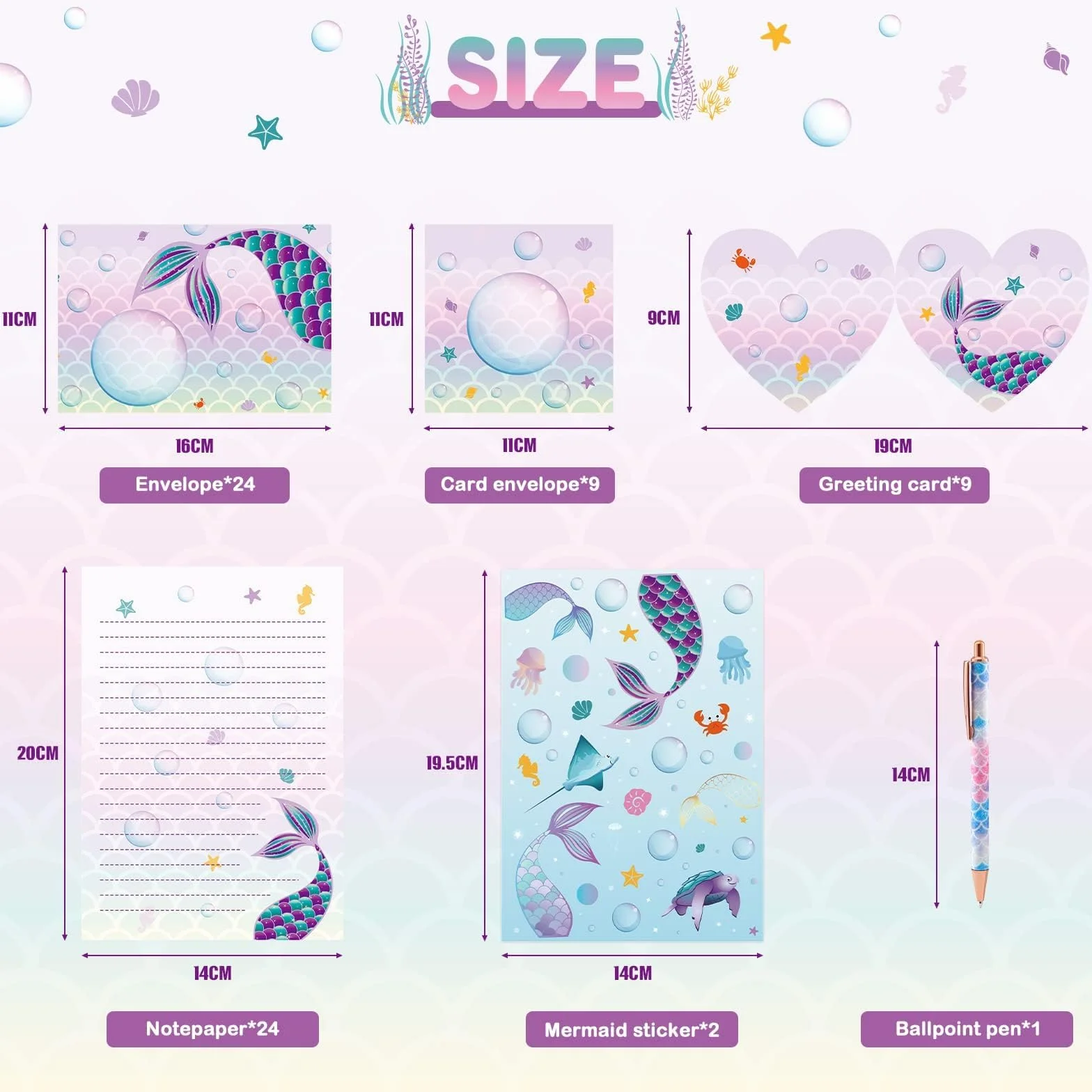 WERNNSAI Sirène Papier de Papeterie 71 PCS Enveloppes Cartes Autocollants Boite Cadeau
