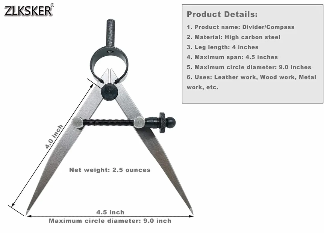 Boussole en cuir professionnelle 10,2 cm compas de précision ressort diviseur traceur à aile métal travail du bois métaux