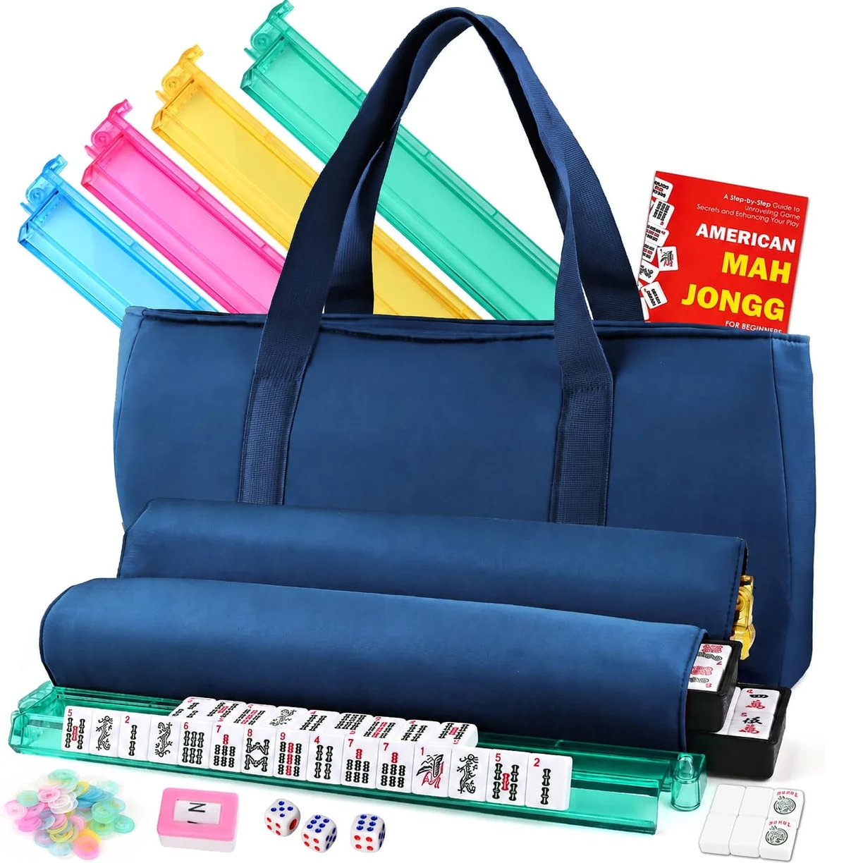 Goldge Ensemble de mahjong américain – 166 carreaux de mahjong blancs | 4 supports de couleur tout-en-un avec poussoirs, 3 dés, sac de transport bleu portable - Ensemble complet de jeu de Mahjong