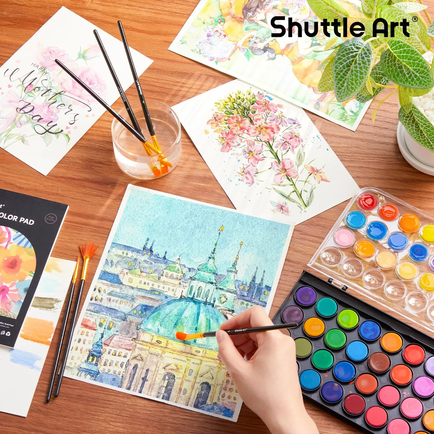 Shuttle Art Aquarelle Peinture, 36 Couleurs Set de Peinture Aquarelle avec 6 Pinceaux et 1 Bloc