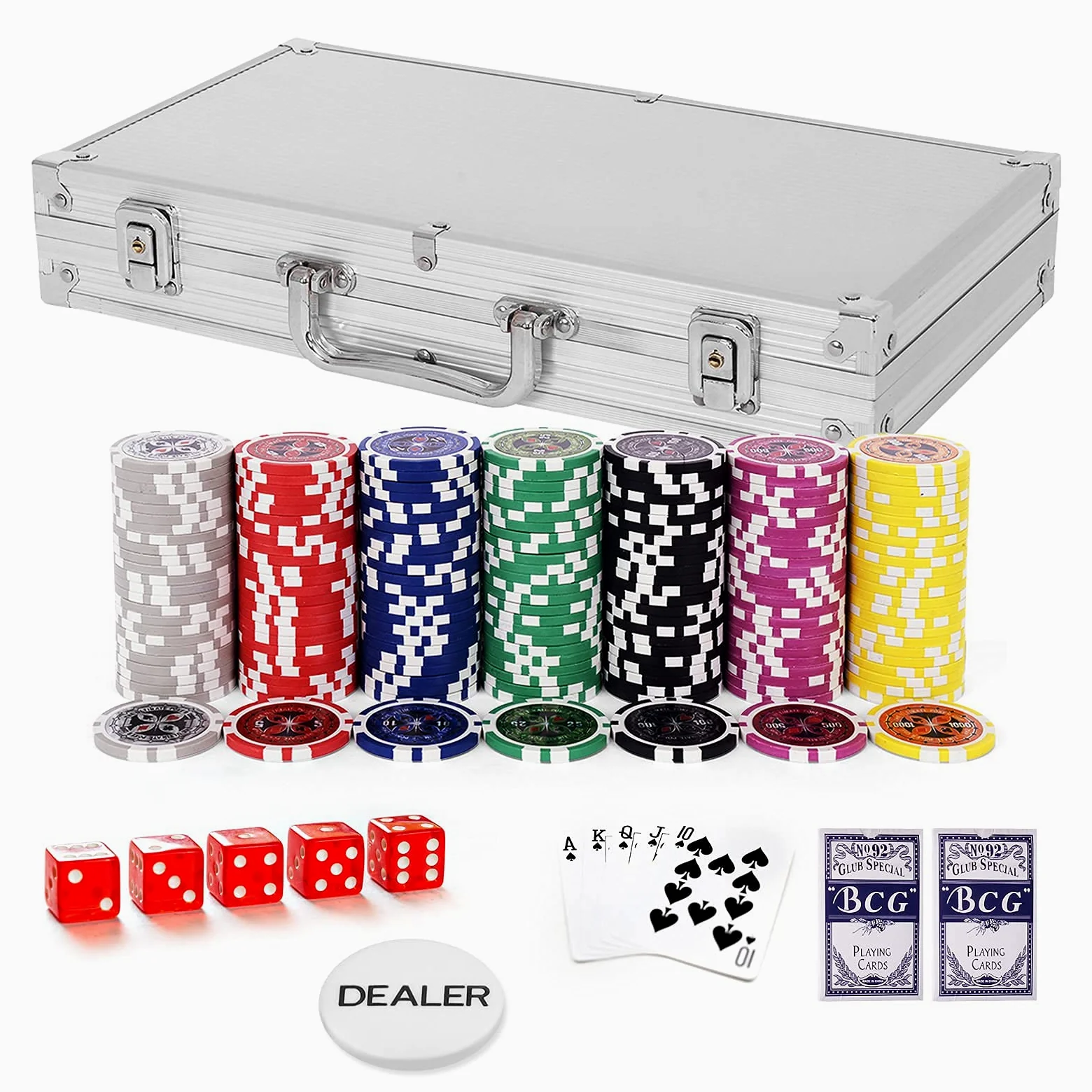 RELAX4LIFE Mallette de Poker 300 Jetons avec Adhésifs Brillants à Laser, Poids Jeton 11,5g, Jeu Complet avec 2 Jeux de Cartes, 1 Boutons Dealer, 5 Dés Rouges, Mallette Noir/Argenté (Argent)
