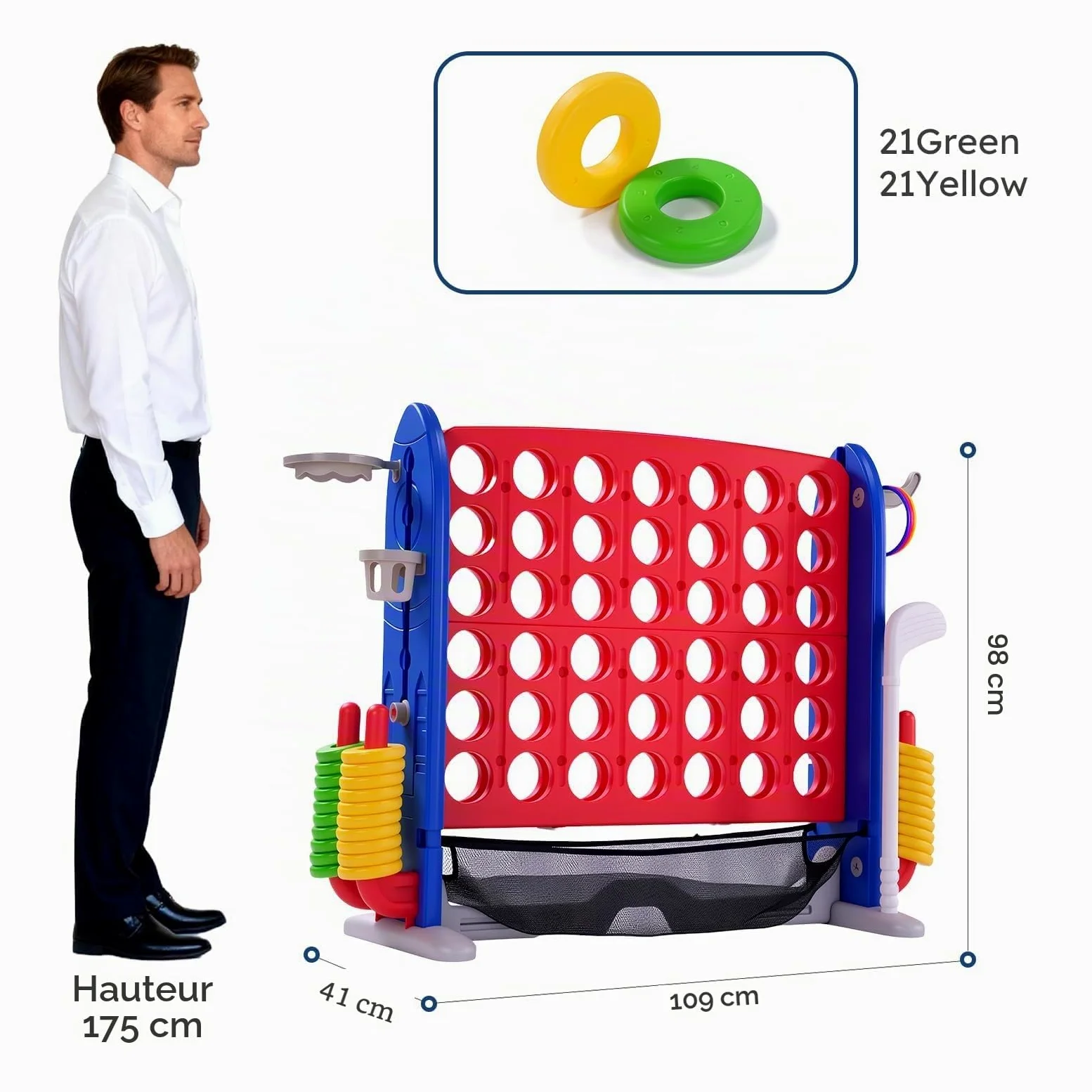 Jeux Puissance 4 Géant Réglable Hauteur avec 42 Anneaux Géants 1 Filet,Jeu de Stratégie avec Porte-Anneaux,Levier de Réinitialisation pour Enfants Adultes,Jeu d'Extérieur/Intérieur pour Enfants Et Fam
