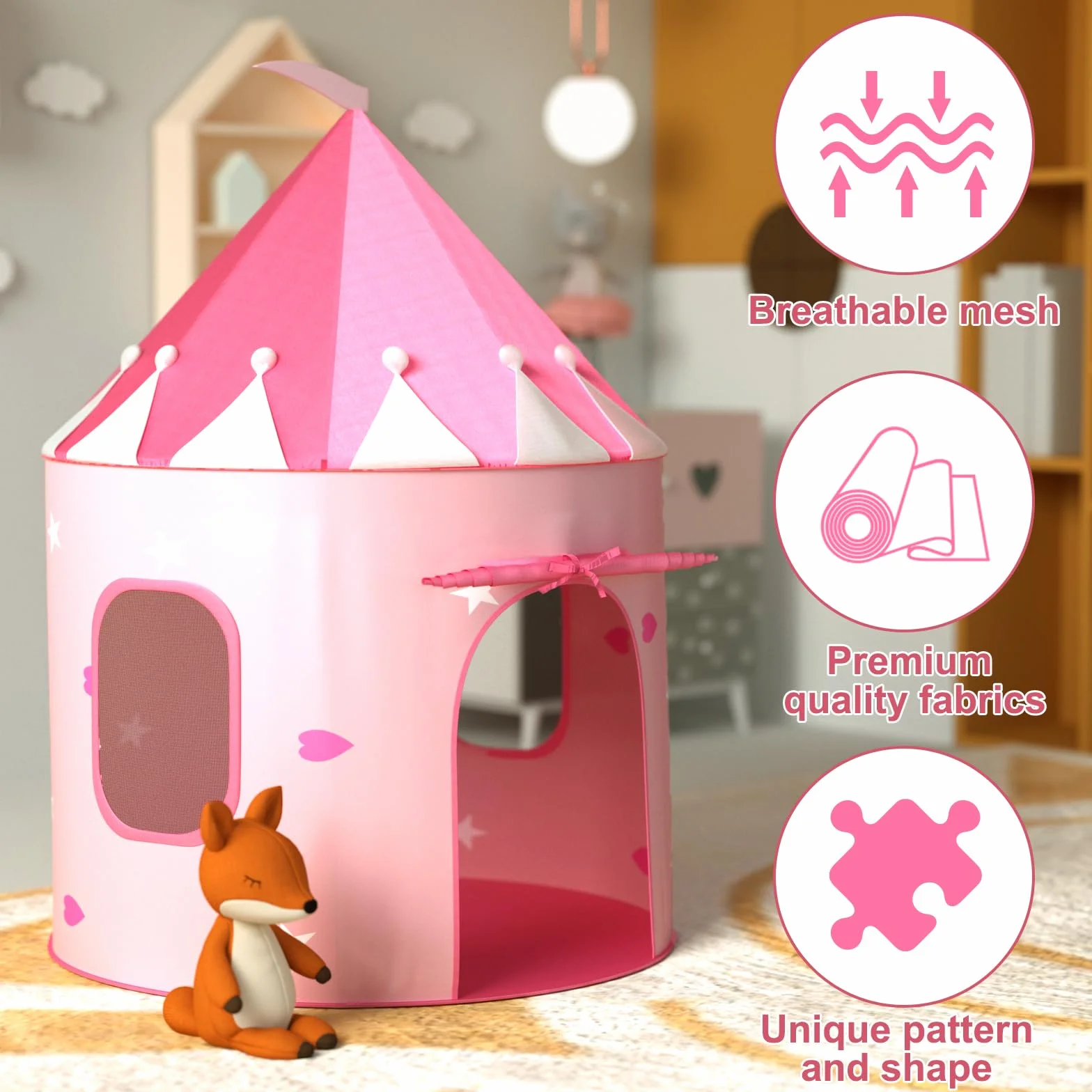 KORIMEFA Tipi Enfant Tente de Jeu Pop-up Portable Cabane Intérieur Exterieur Rose