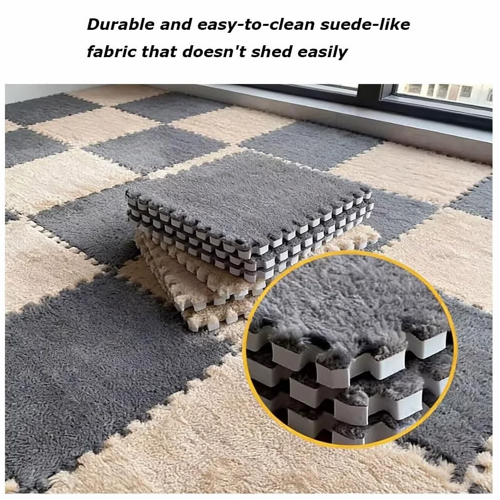 Lot de 12 tapis de sol en mousse emboîtables – Carreaux de moquette puzzle avec bordure pour salon et chambre à coucher (vert et gris, 20 pièces) – Doux et facile à nettoyer