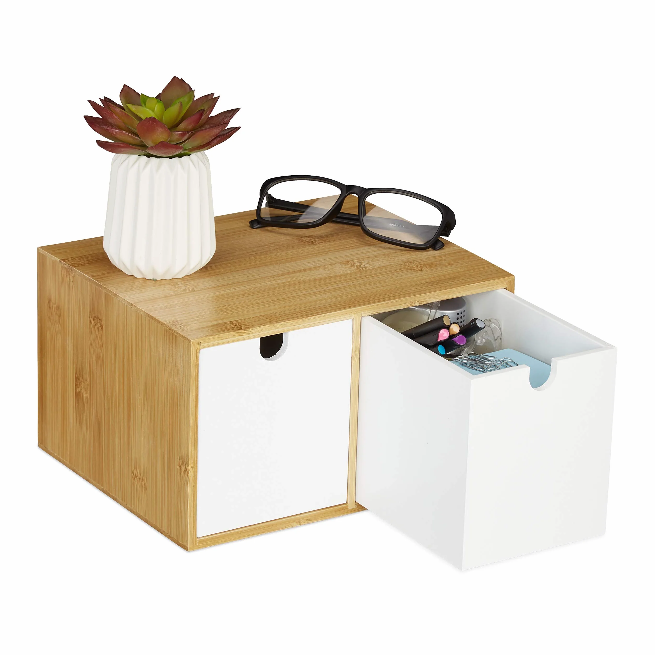 Relaxdays Organiseur de Bureau 2 tiroirs Bambou MDF Rangement 14,5 x 24,5 x 20 cm Blanc