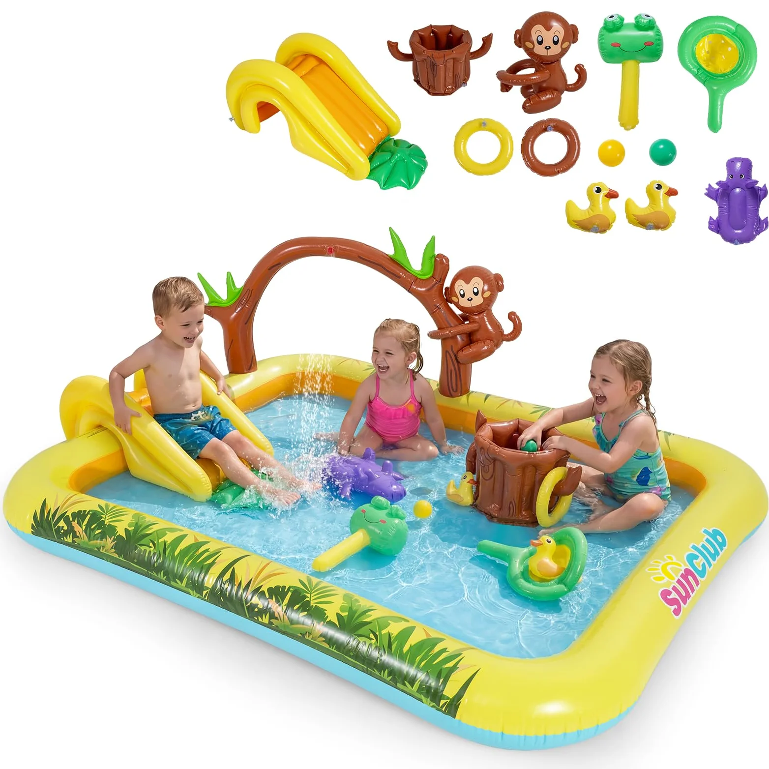 FANTASK Aire de Jeux Gonflable, Centre de Jeu Aquatique Jungle Adventure avec Toboggan, pataugeoire, Singe, arroseur et souche d'arbre, Piscine pour Enfants avec Accessoires, Parc Aquatique pour