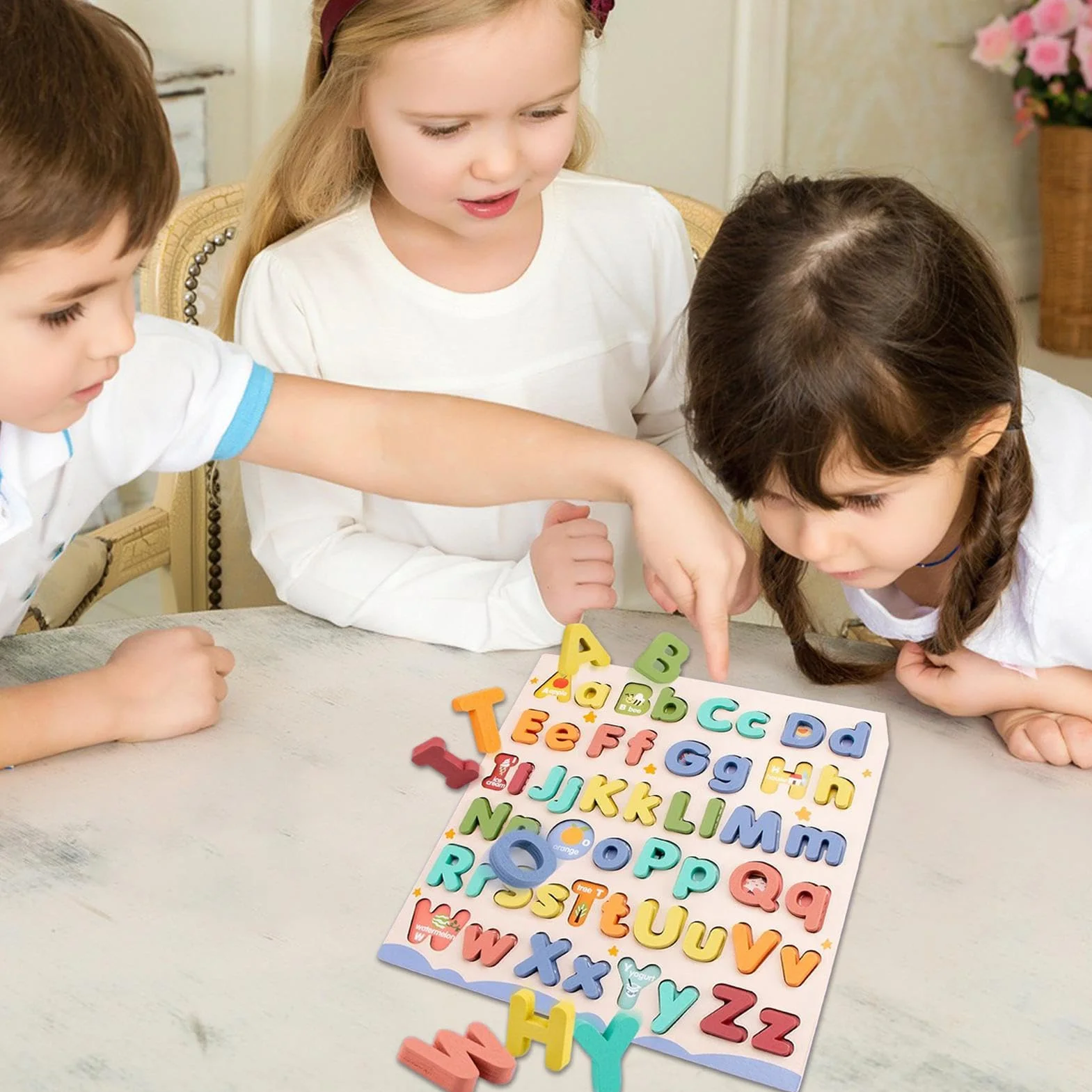 Puzzle Alphabet en Bois Montessori Jouet Éducatif Préscolaire Tableau Lettres Majuscules et Minuscules