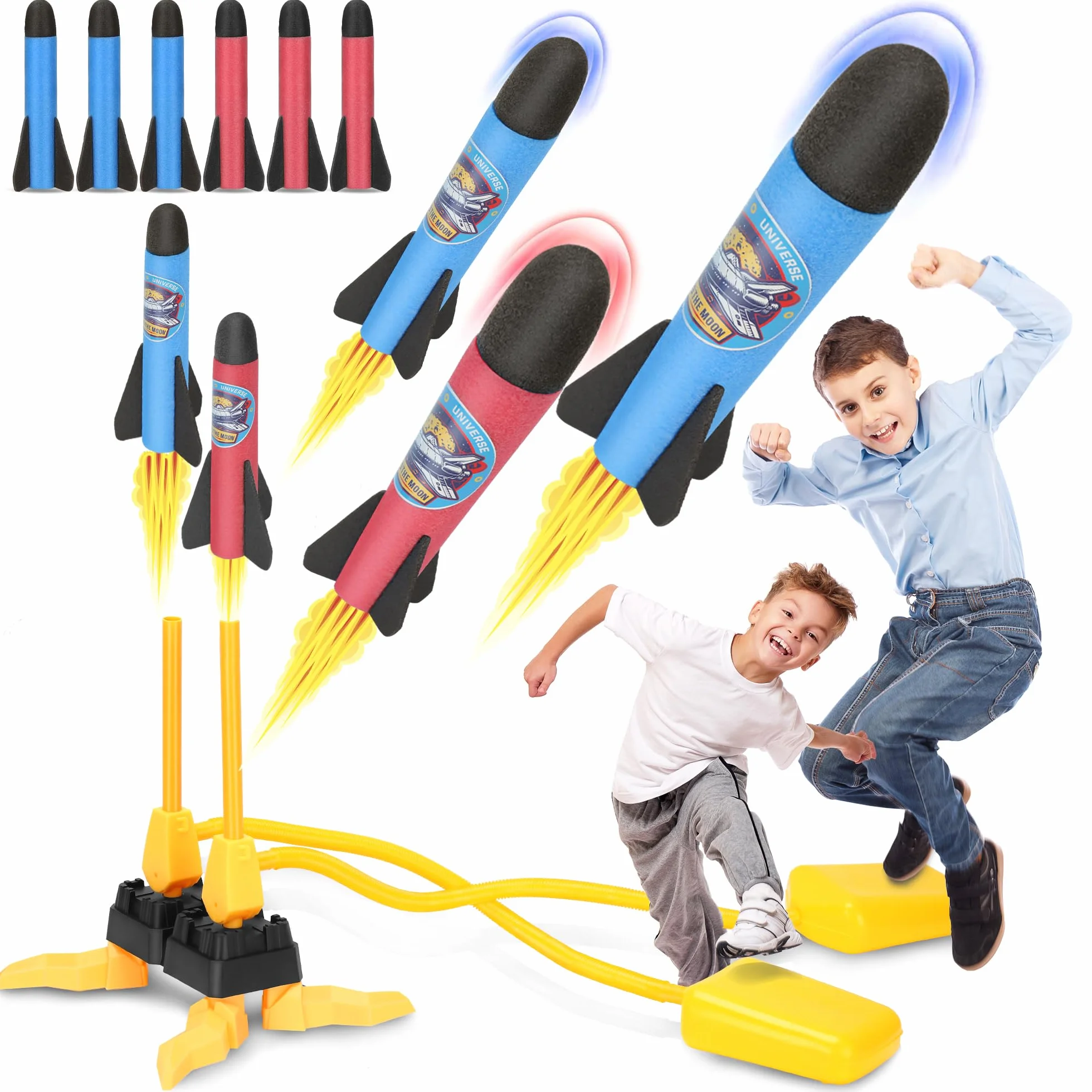 Lot de 6 lanceurs de fusées en mousse à double joueur, jouet de fusée de jardin pour enfants 3-4 ans