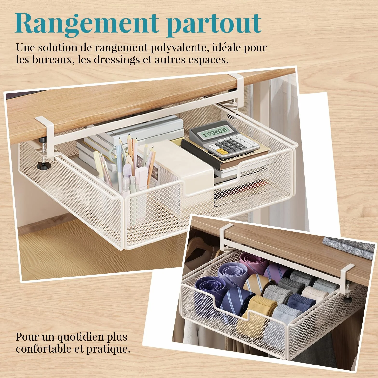 Milageto Panier de Rangement sous Tiroir de Bureau, Grande Capacité, Fer, Blanc