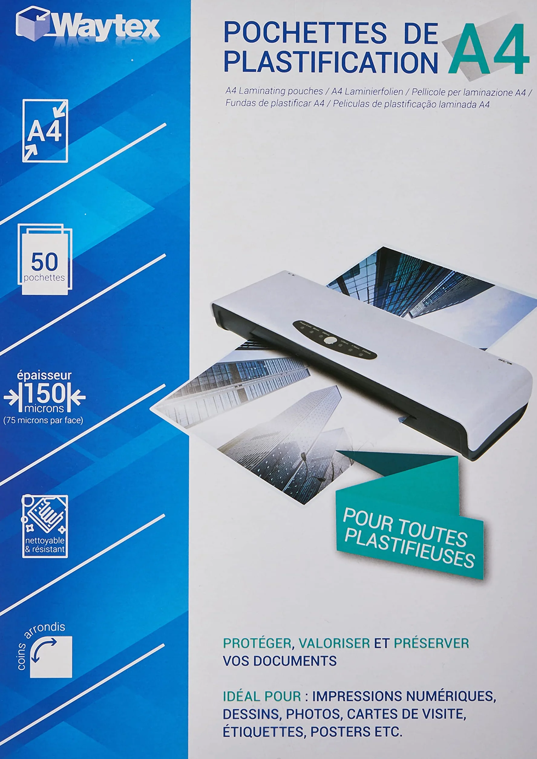 WAYTEX Pack 50 feuilles plastification A4 75 microns brillante transparente
