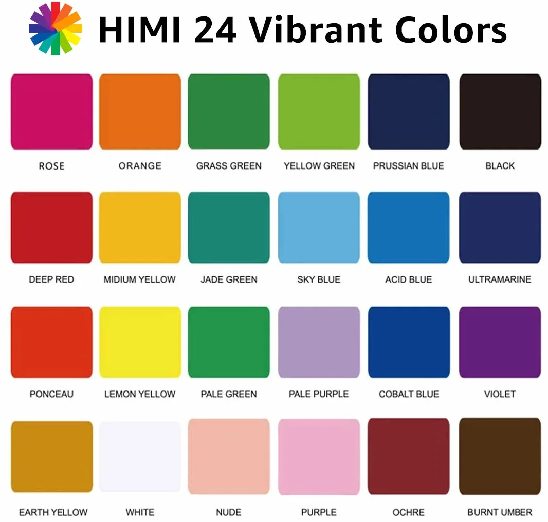 HIMI Ensemble peinture gouache 24 couleurs 30 ml non toxique pour toile papier aquarelle débutants artistes