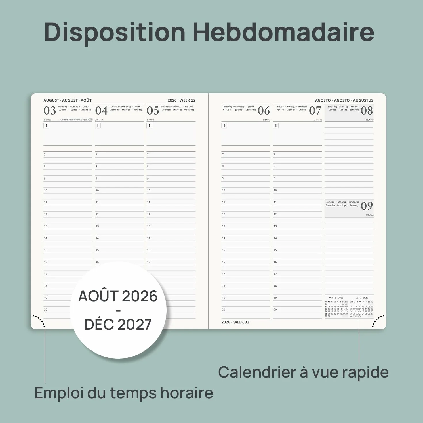 POPRUN Agenda 2026 2027 Semainier Vertical 22 x 16,5cm 17 Mois Planner Scolaire Couverture Souple PU Cuir Vert-Gris