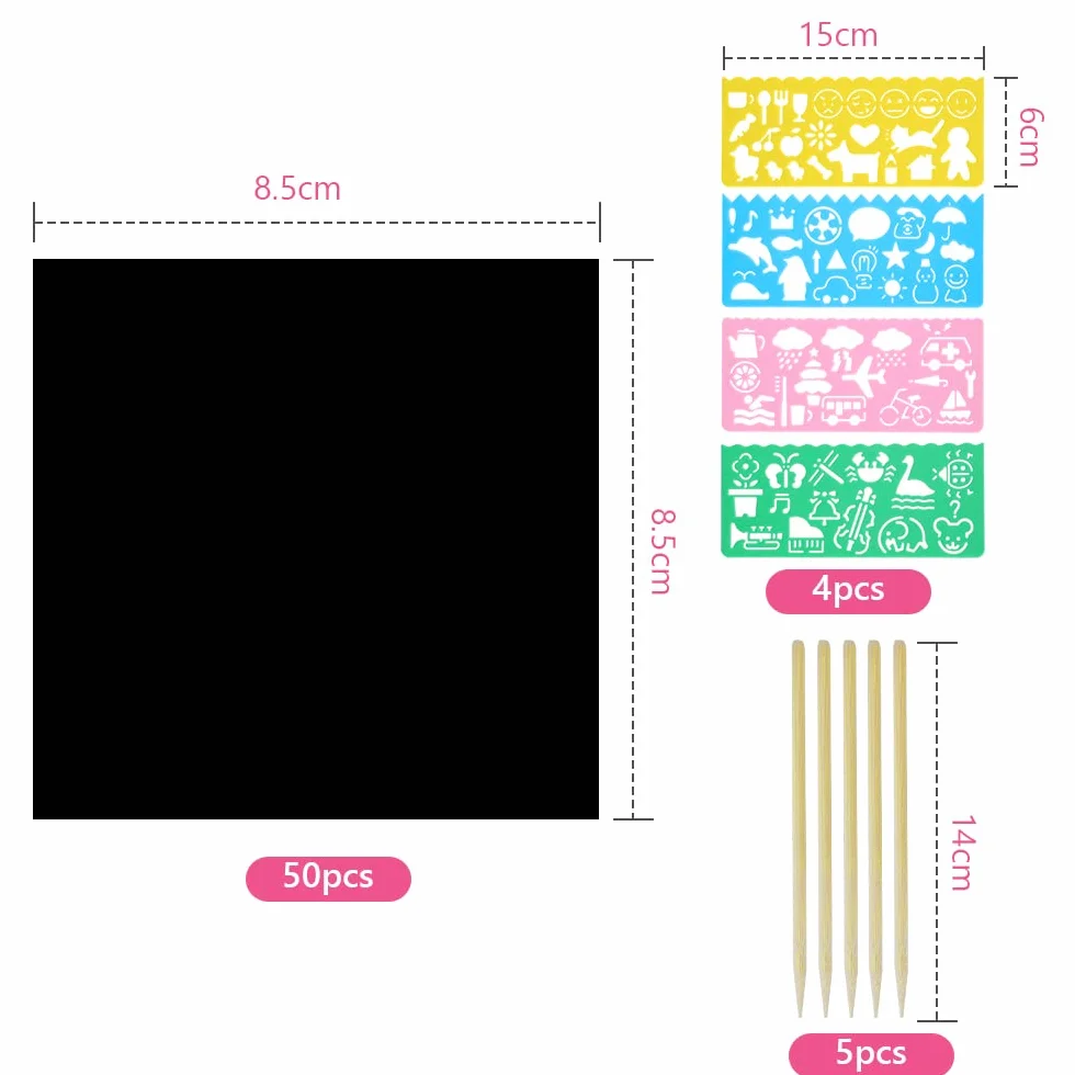 Vicloon Carte à Gratter Enfant 50pcs Feuilles à Gratter Papier avec Règles de Gabarit Dessin Stylets Bois 8.5x8.5cm