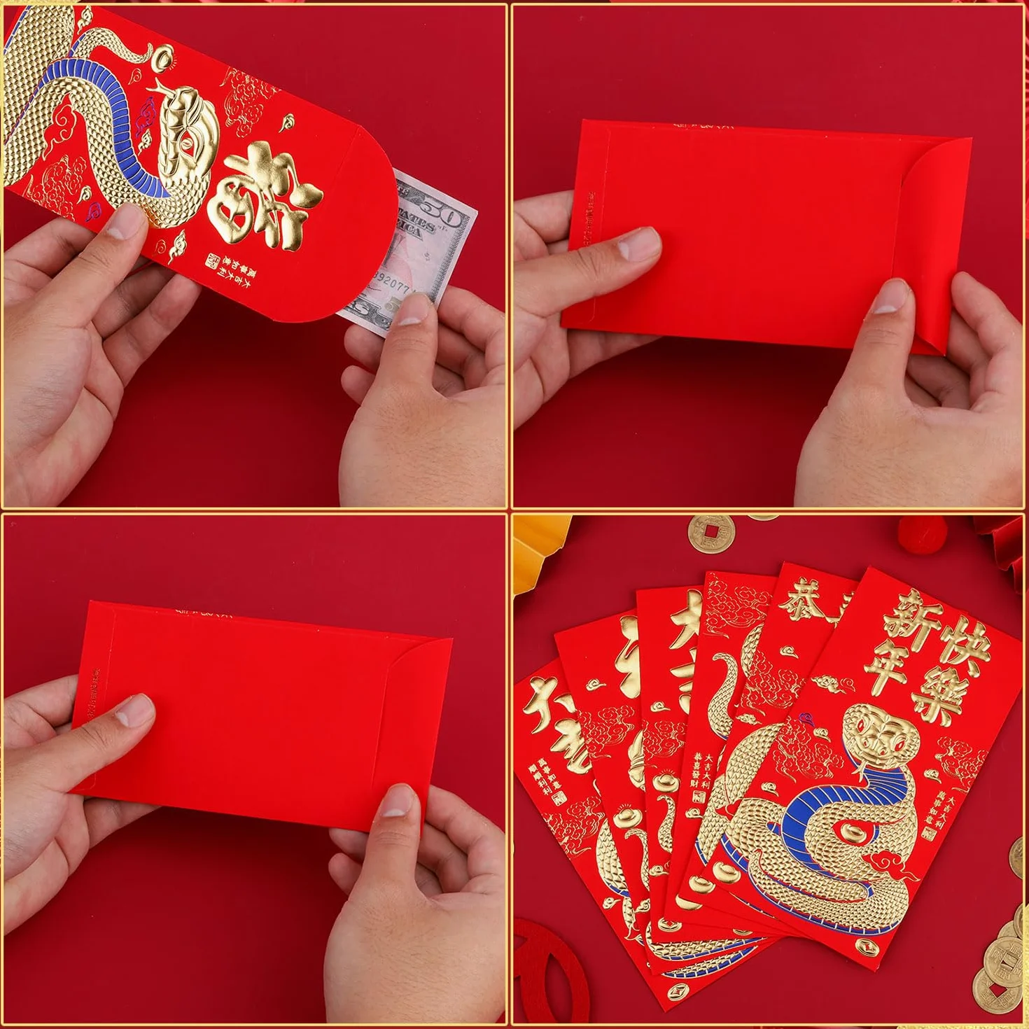 Enveloppes Rouges du Nouvel An Chinois 2025 Serpent Hong Bao 16,8x9cm 36pcs avec 50pcs Monnaie Feng Shui 6 Motifs Relief Dorés