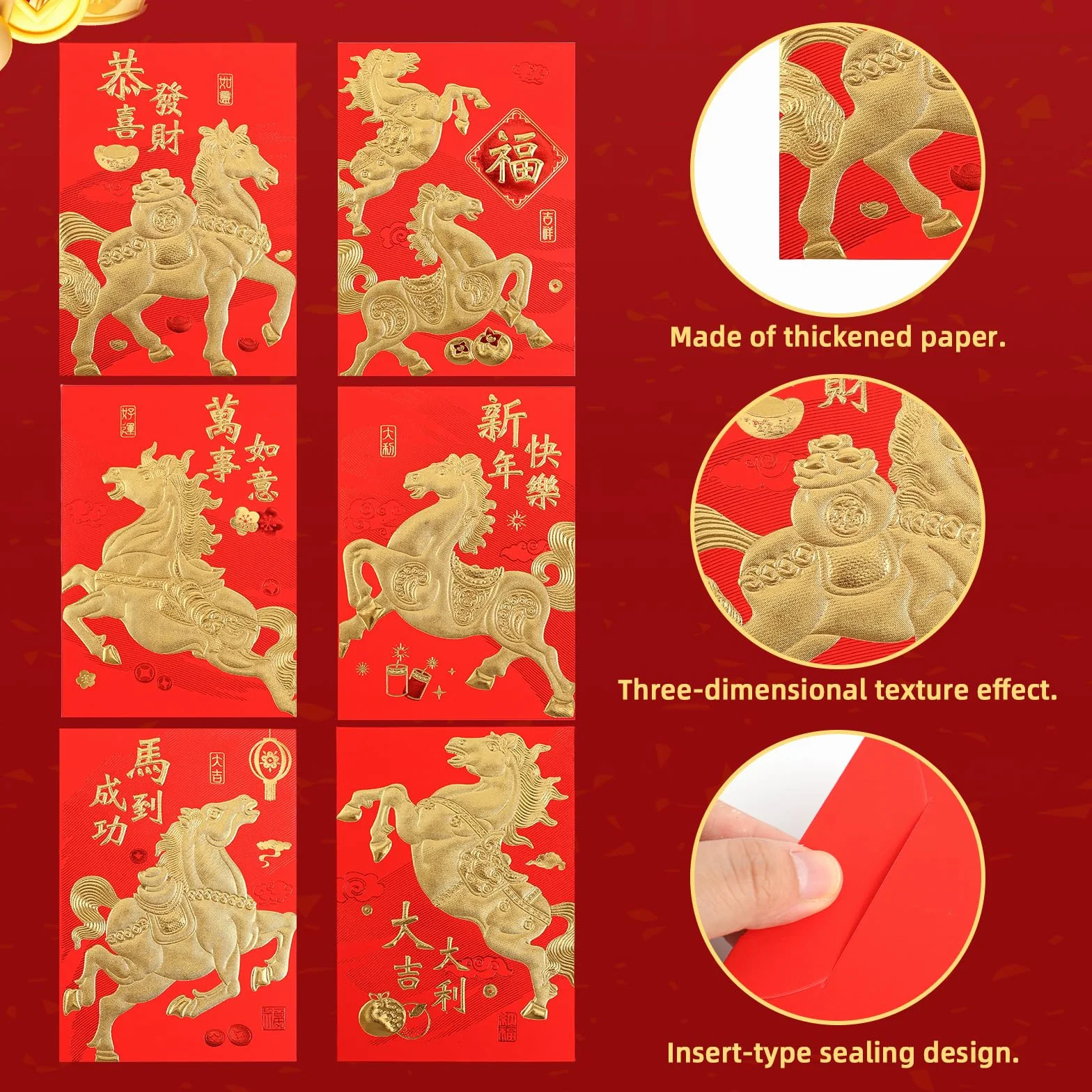 36pcs Enveloppes Rouges Nouvel An Chinois 11,5x8cm Porte-Bonheur Fête Printemps 2026 Année Cheval 6 Modèles
