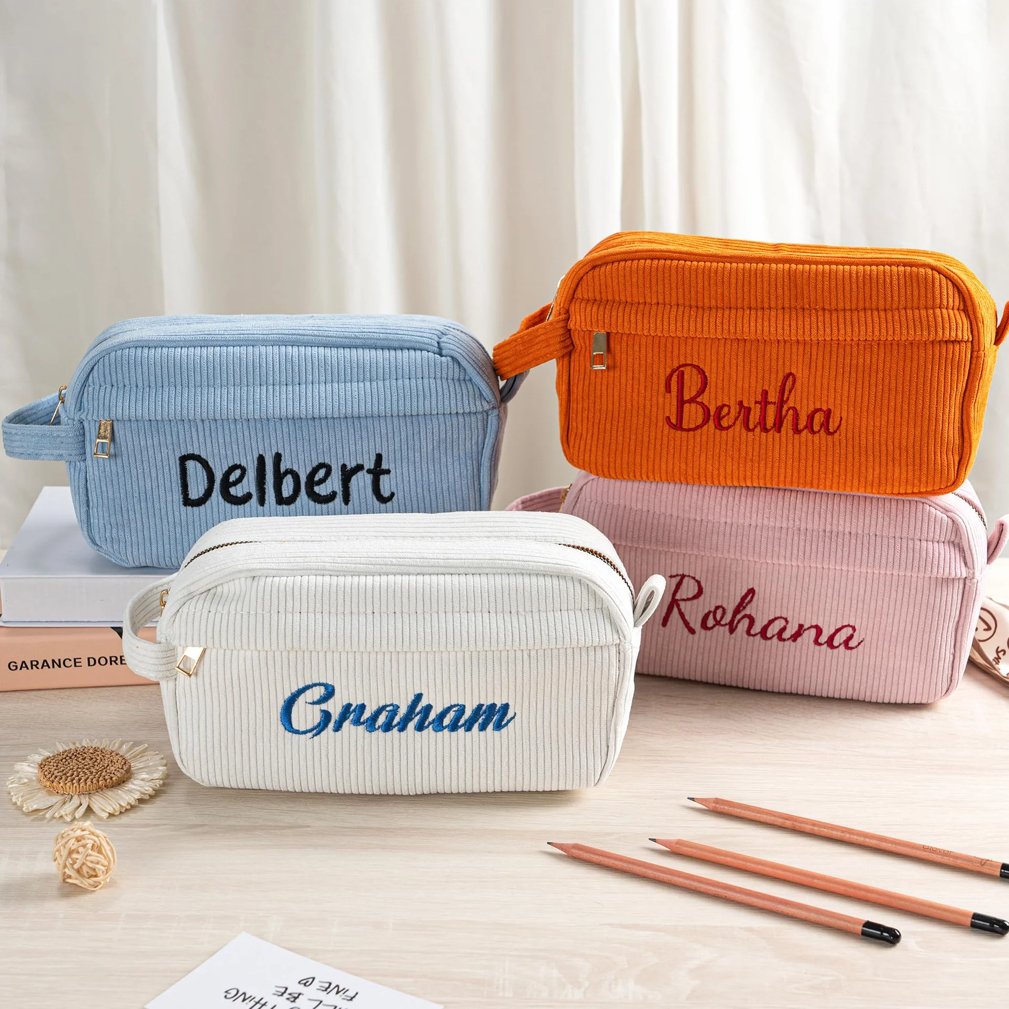 Trousse à Stylos Brodée Personnalisable Velours Côtelé 24x8x13.5cm - Trousse Écriture Adulte