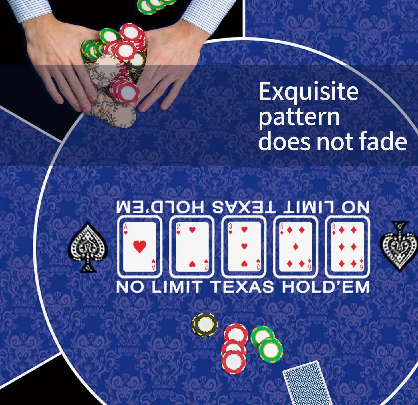 Tapis de poker rond en caoutchouc pour 6 à 10 personnes, dessus de table pliable, table de poker portable, adapté pour les jeux de poker, blackjack, casino (bleu 80 x 80 cm)