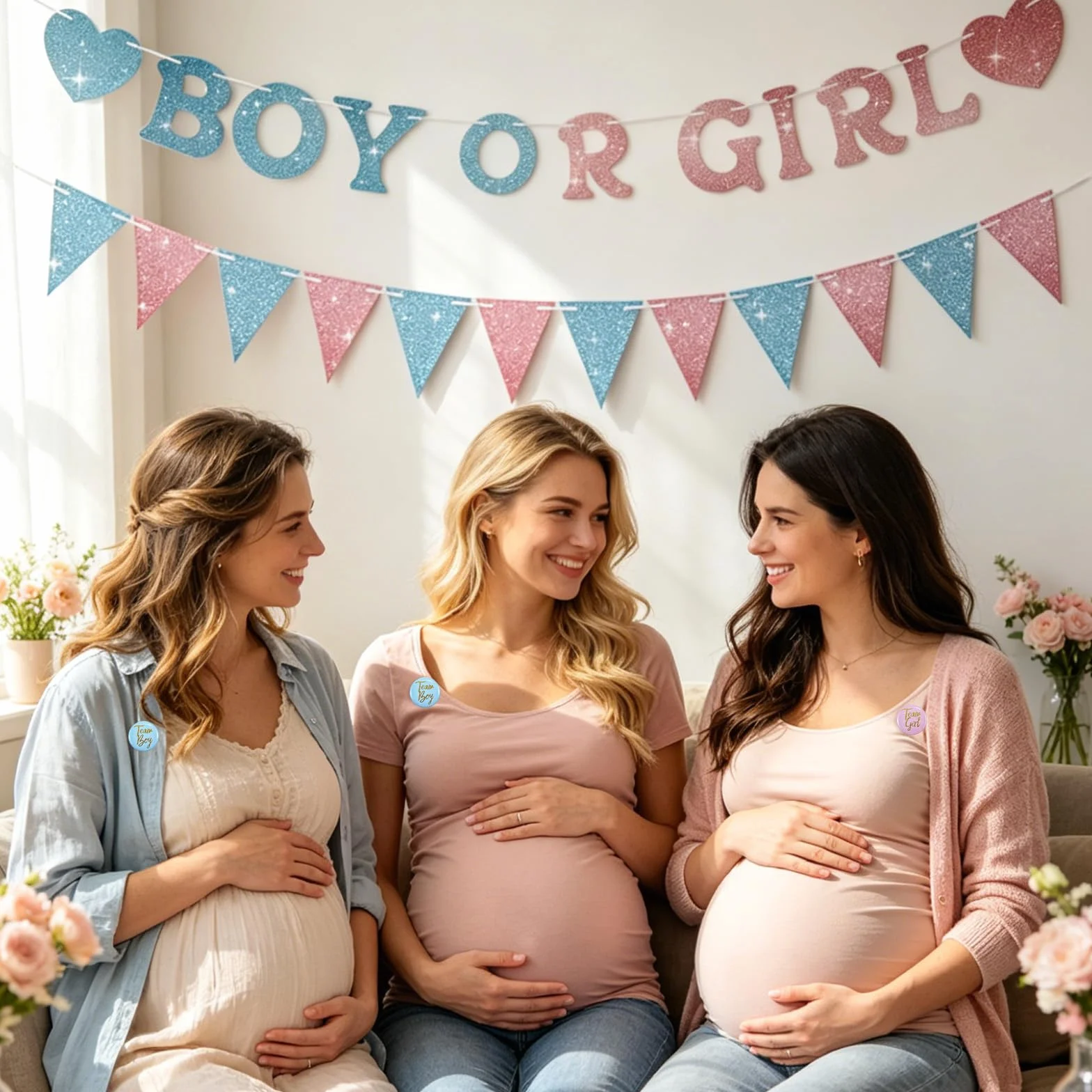 Guirlande Gender Reveal 3 m avec Fanions Cœurs 30 Badges Team Boy Girl Décor Rose Bleu Brillant Baby Shower