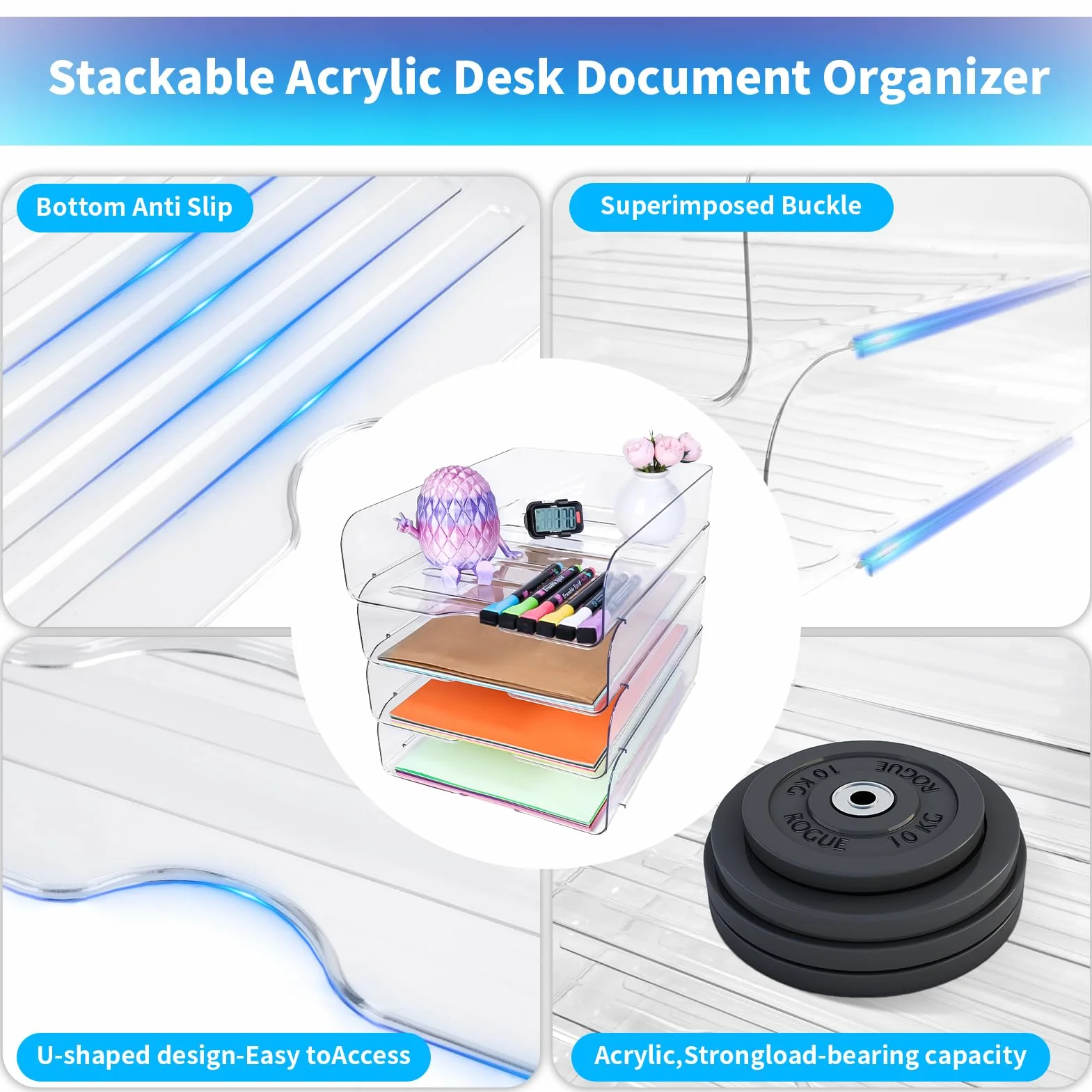 Bacs à courrier transparents empilables pour papier A4, lot de 4