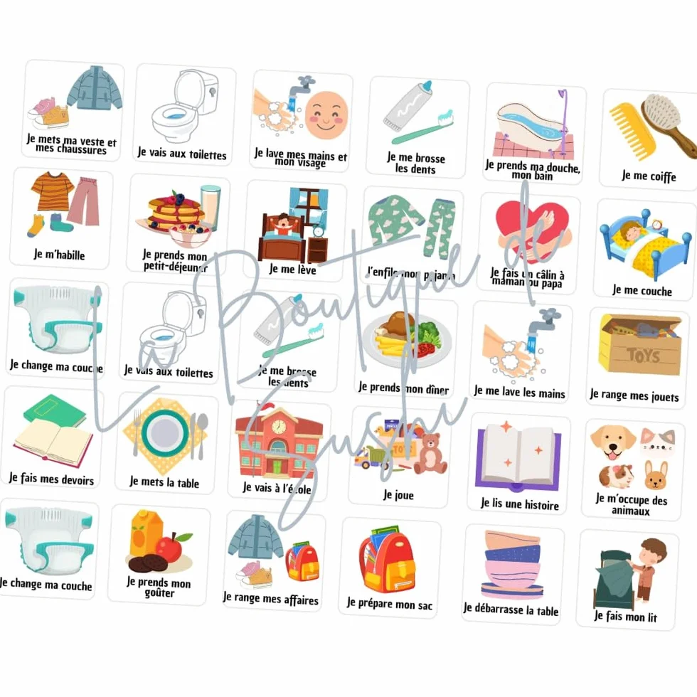 Licorne Tableau routine enfant Planning matin soir Calendrier tâches rituels 30 étiquettes