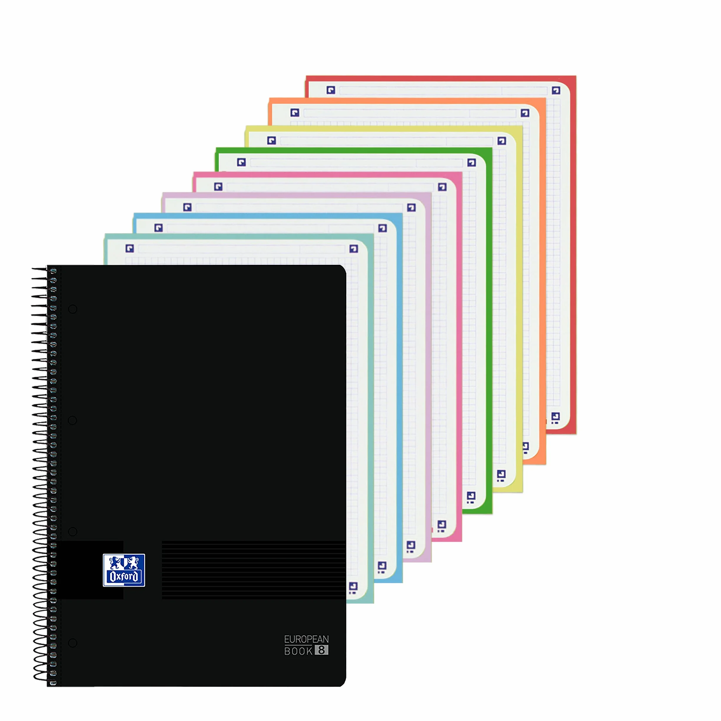 Oxford Cahier A4 quadrillé 5 x 5, couverture plastique, 8 bandes de couleur, feuilles micro-perforées, noir