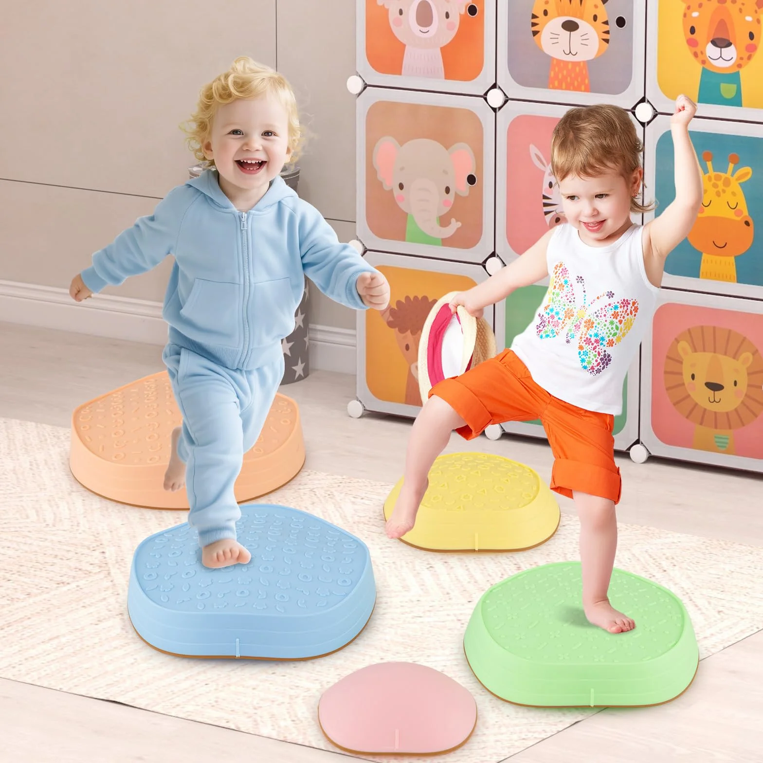 GOPLUS Pierres d'Équilibre pour Enfants, 5 Pièces Parcours de Motricité Antidérapantes Empilables avec Sac de Rangement