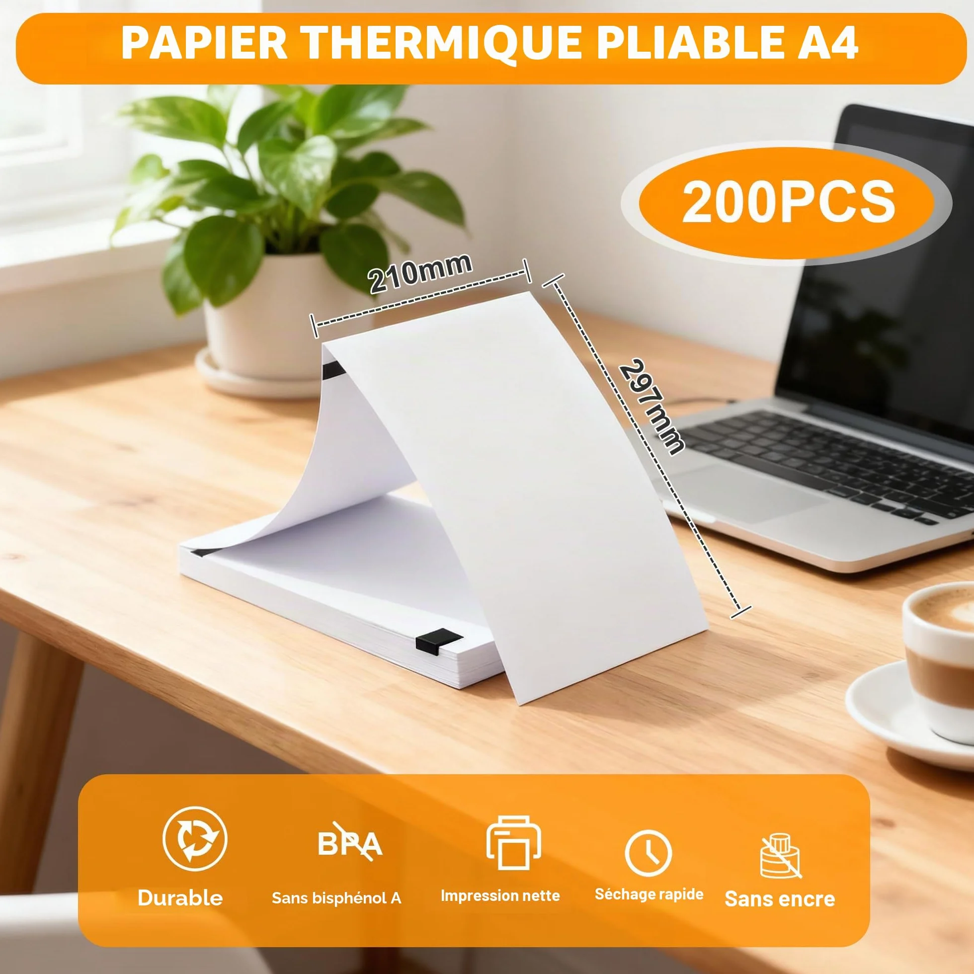 Papier Thermique A4 200 feuilles 210 x 297 mm Pliable pour imprimante thermique documents et photos