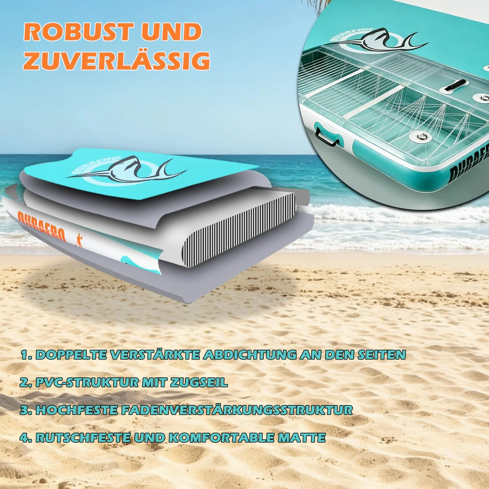 DURAERO Plateforme Flottante Gonflable 240 x 180 x 15 cm, Ponton Flottant PVC Drop-Stitch pour Bateau, Lac et Piscine, Jusqu’à 4 Personnes, avec Échelle, Pompe et Kit Réparation