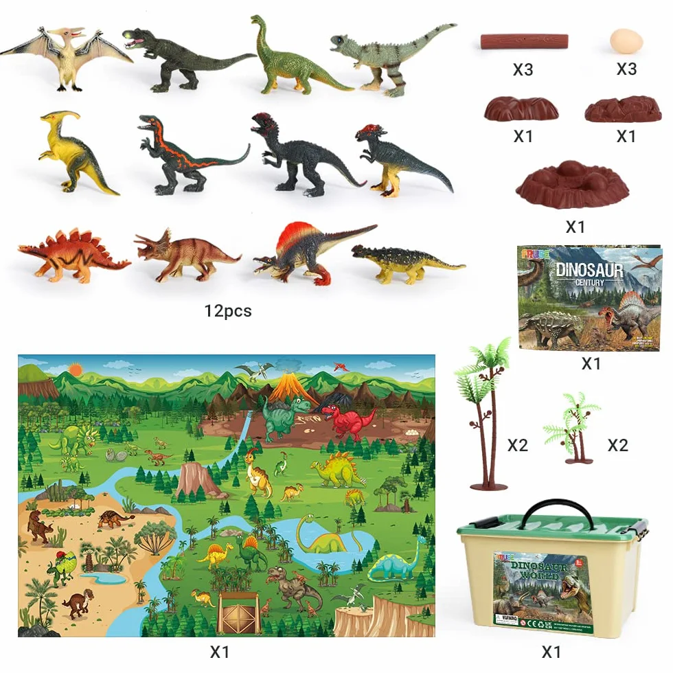 FRUSE Dinosaure Jurassic Jouet 145x98cm Tapis 12 Pièces Figurine Réalistes T-Rex Carnotaurus Boîte Rangement Jouets éducatifs Cadeau Enfants 3-6 Ans