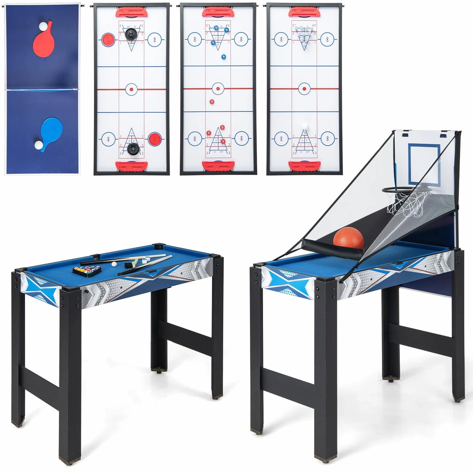 COSTWAY 6 en 1 Baby-Foot avec Billard & Hockey & Bowling & Basket-Ball, Table de Jeu Empilable avec Pieds Réglables & Plateau Convertible, Jouets pour Fête Bar Salle de Jeux, 91,5x46x129,5cm