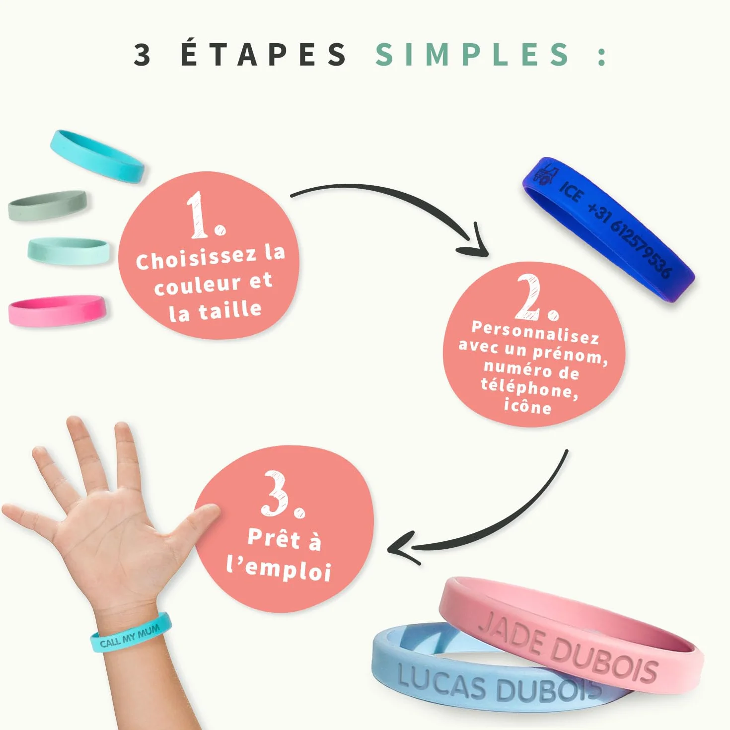 Bracelets d'Identification SOS Personnalisables pour Enfant avec Numéro de Téléphone - Lot de 2