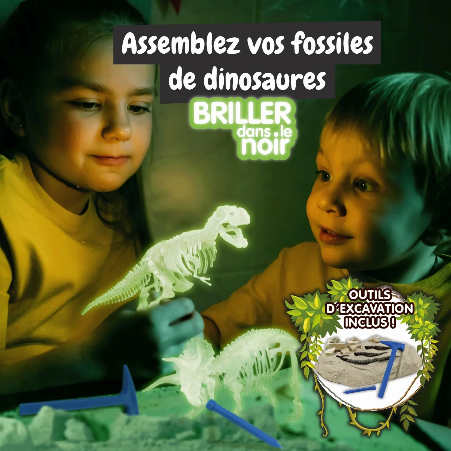 Science4you Kit de Fouille de Fossiles 2 en 1 - Excaver et Assembler 2 Dinosaures Qui Brille dans l'Obscurité, 22 pièces: T-Rex et Triceratops