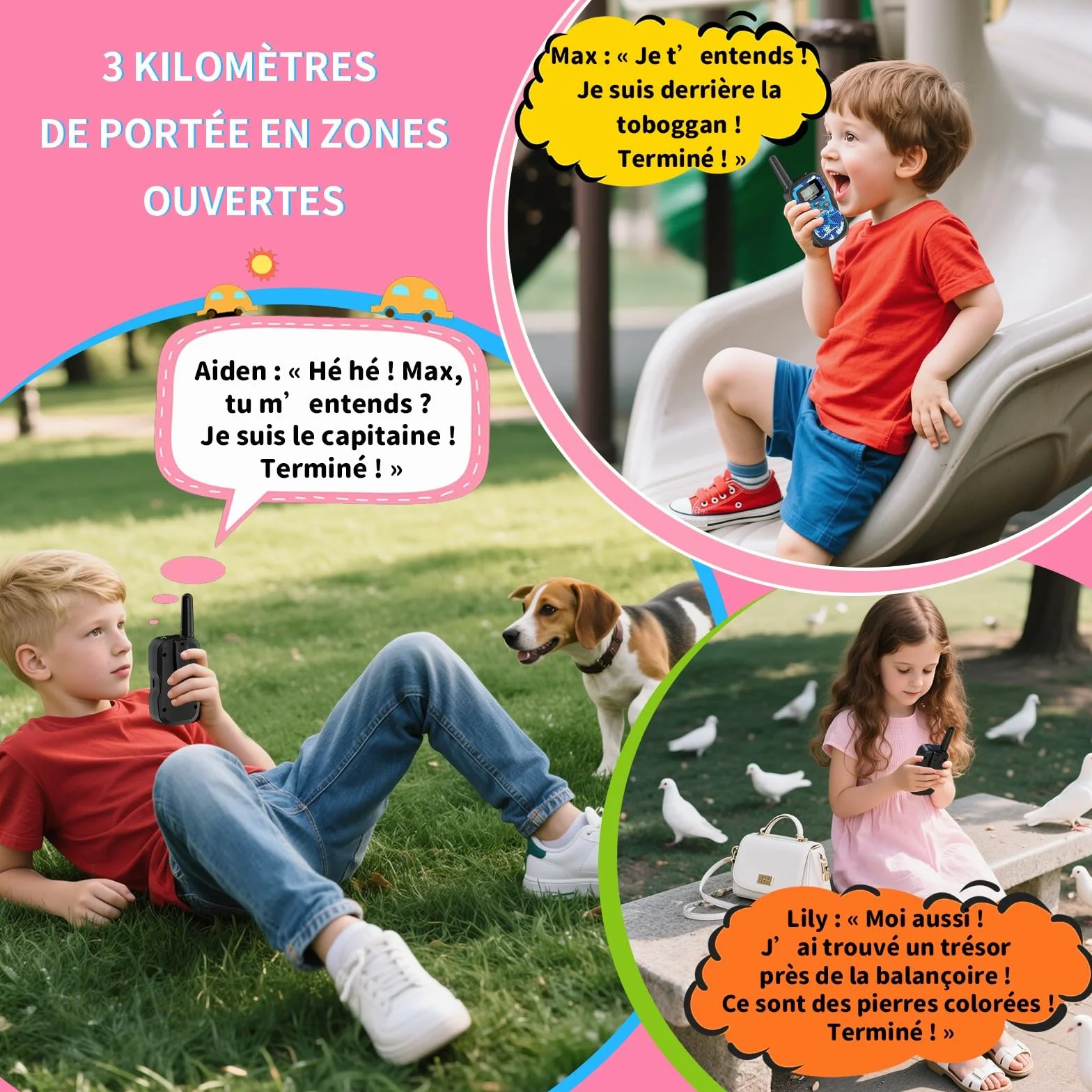 Walkie-Talkies pour Enfants Rechargeables 8 Canaux Autonomie 48h Torche Portée 3KM Camping Jeux