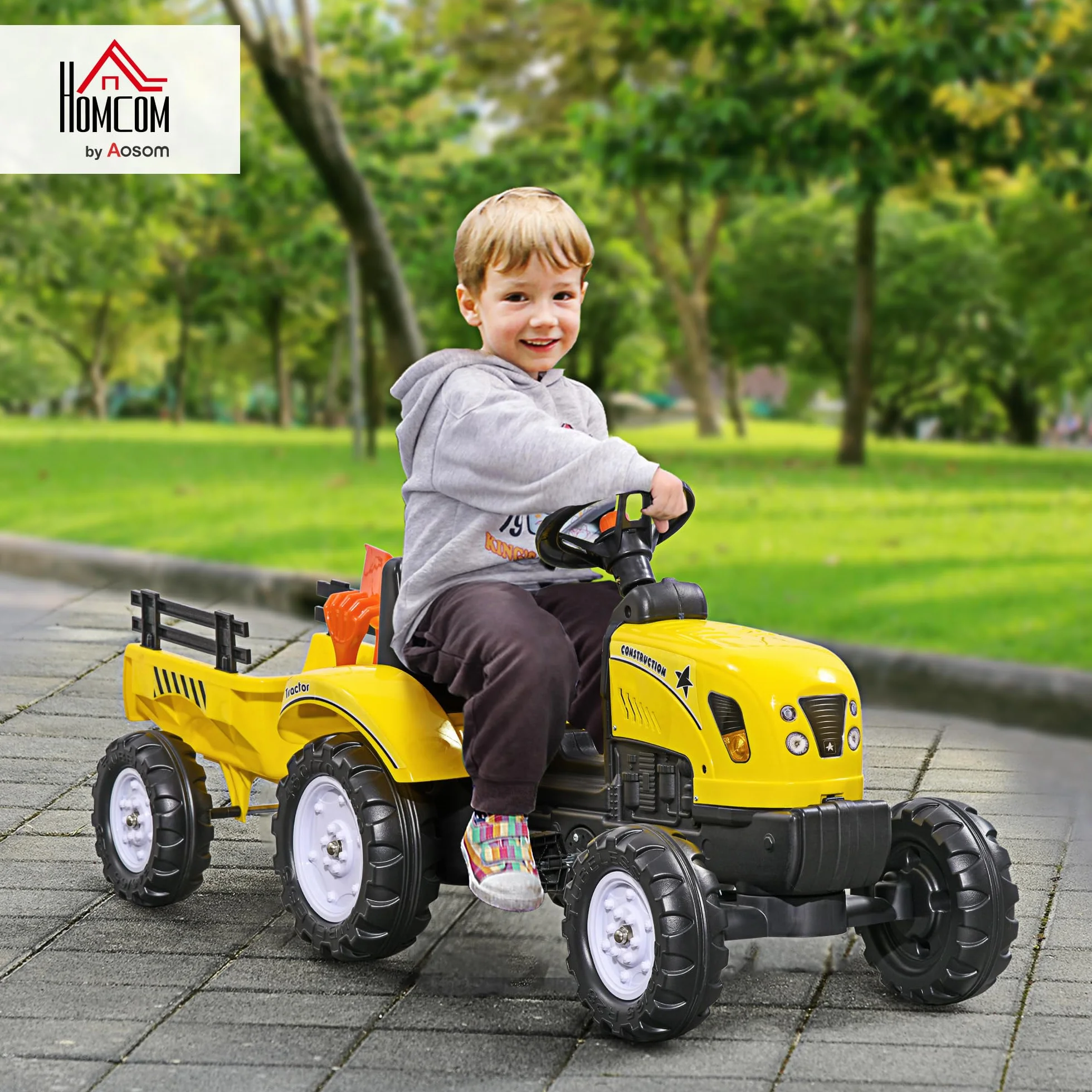 HOMCOM Tracteur à pédales 6 Roues avec remorque, râteau et pelle, Charge 35 kg, pour 3+ Ans, Jaune