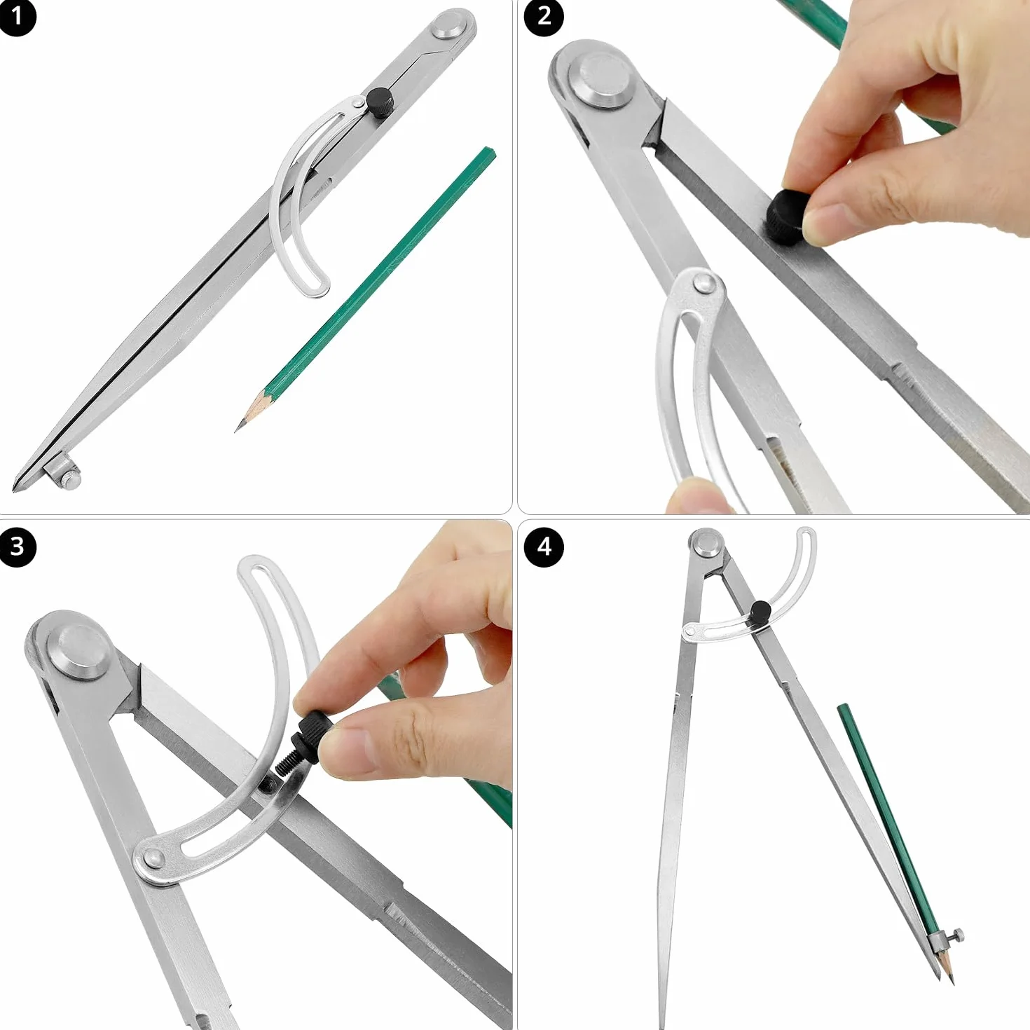 QWORK Compas Réglable 300 mm, Compas Pointu de Marquage avec Aile Verrouillable, Porte-crayon