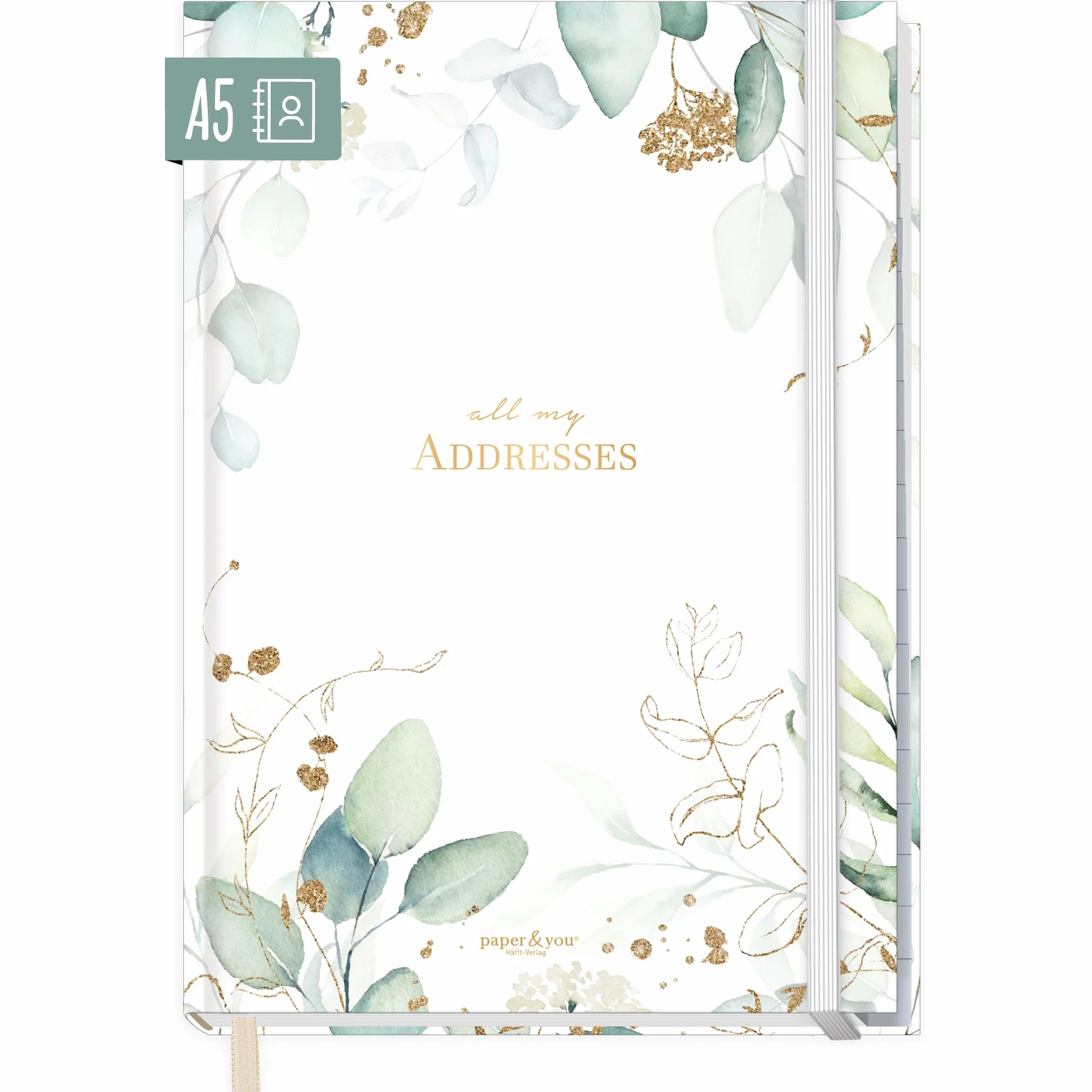 Carnet d'adresses A5 avec onglet A-Z Feuille d'or - durable et respectueux du climat