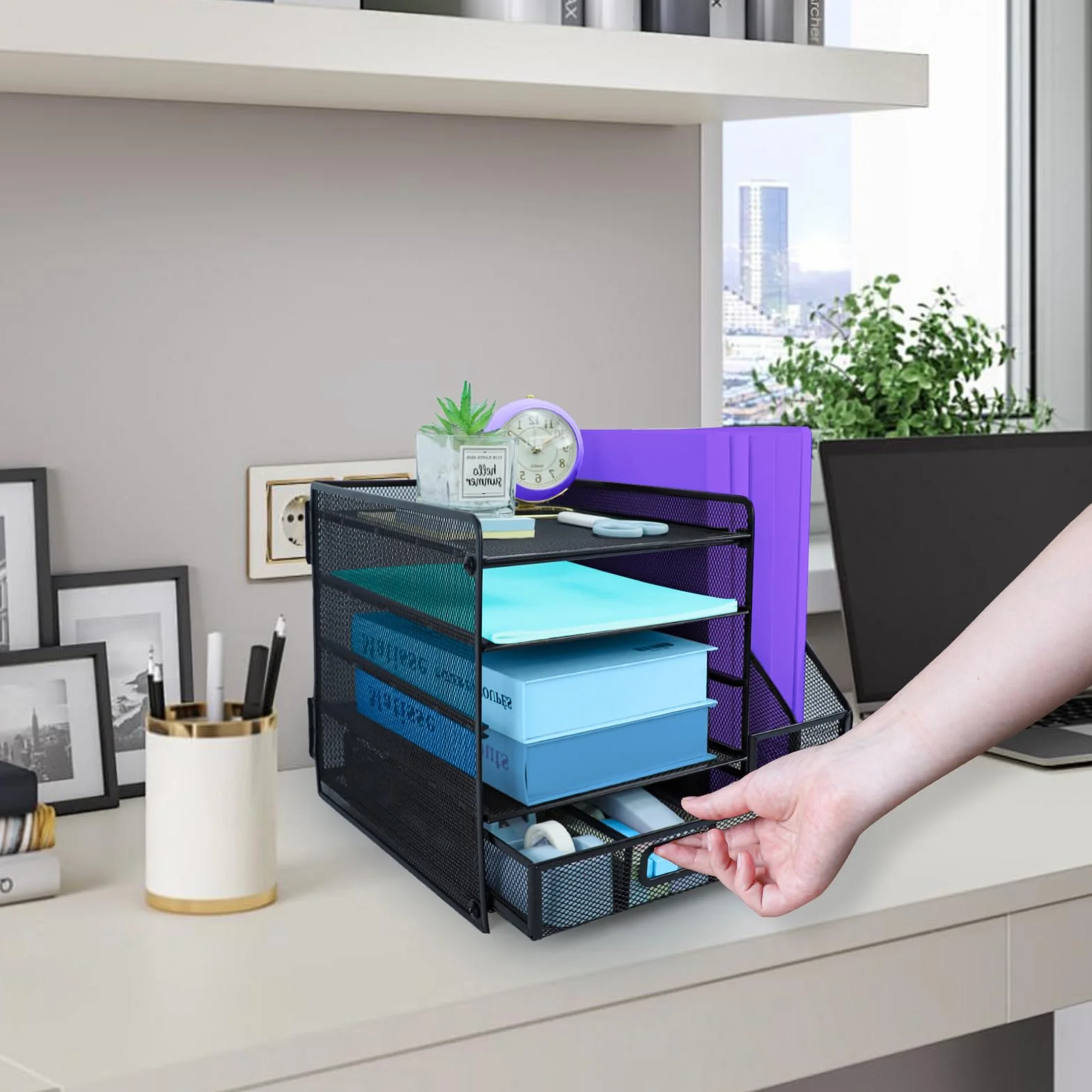 Organisateur de bureau noir avec porte-documents, porte-stylos et bac à lettres 5 niveaux