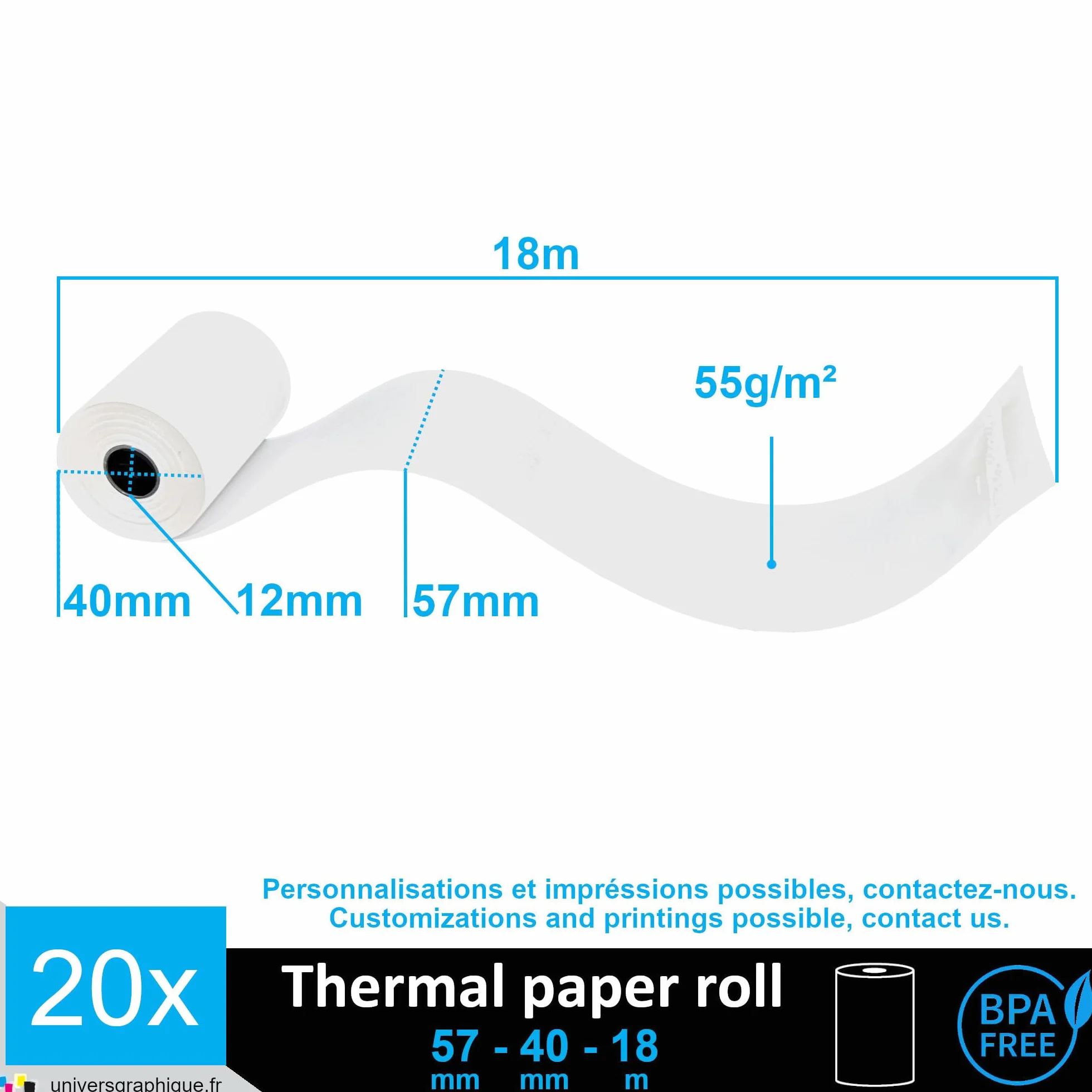 Papier thermique 57 x 40 x 12 rouleaux 20 pièces pour terminal de paiement TPE