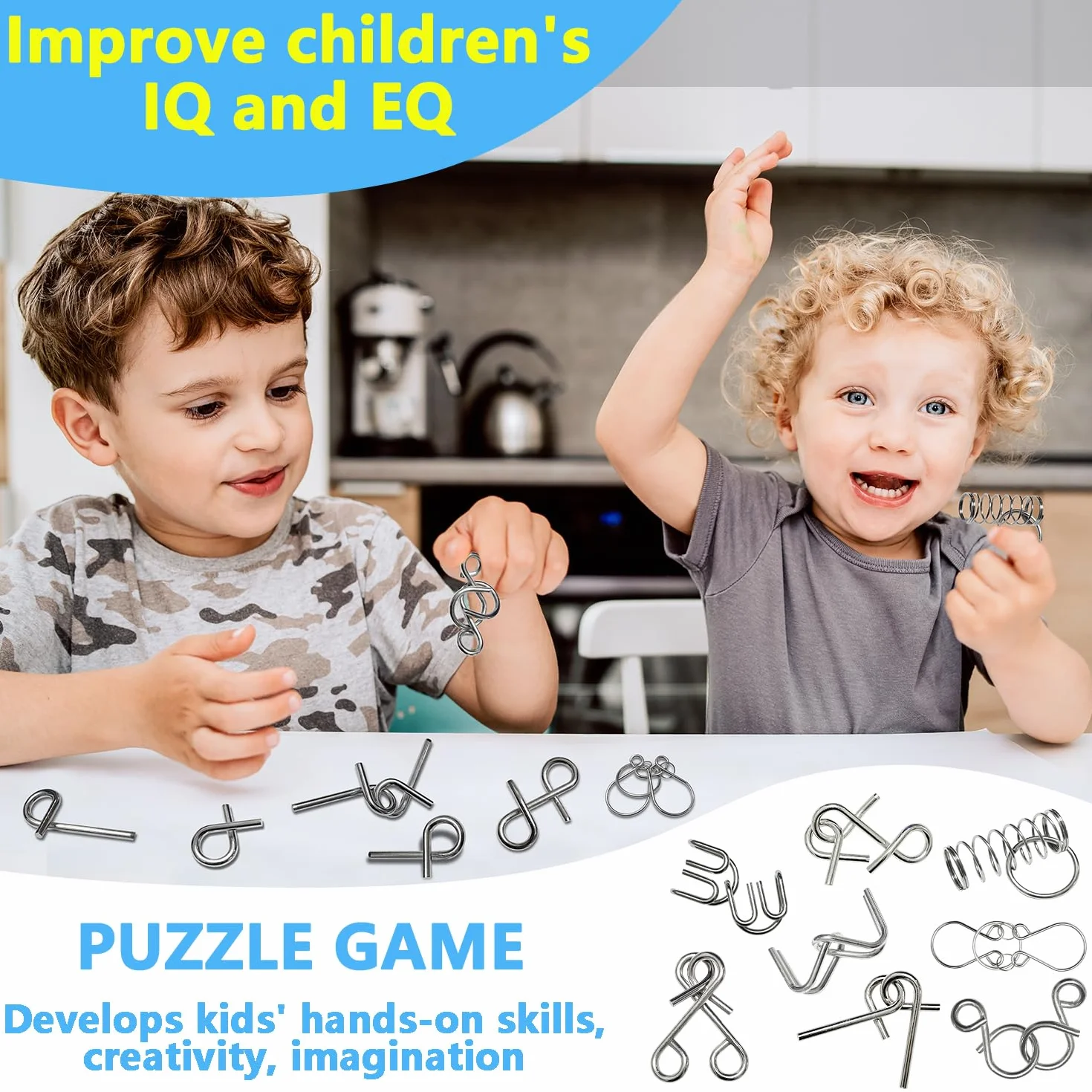 Métal Brain Teaser Puzzle, 8 Pièces Casse Tête Metallique IQ Test Disentanglement Jeu Educatif Cadeau