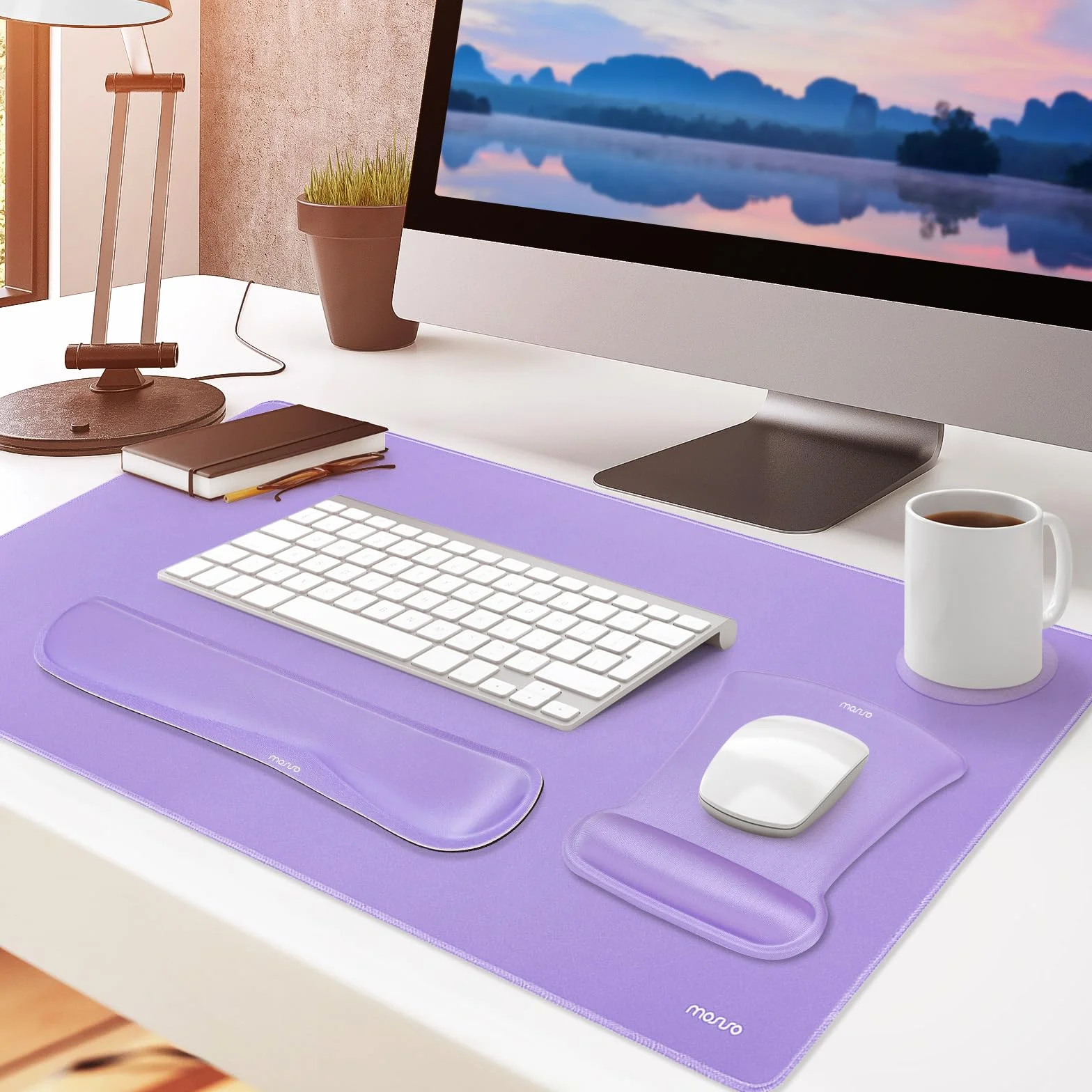 MOSISO Grand Tapis de Souris Gamer avec Repose Poignet, Antidérapant Mémoire Mousse, Violet