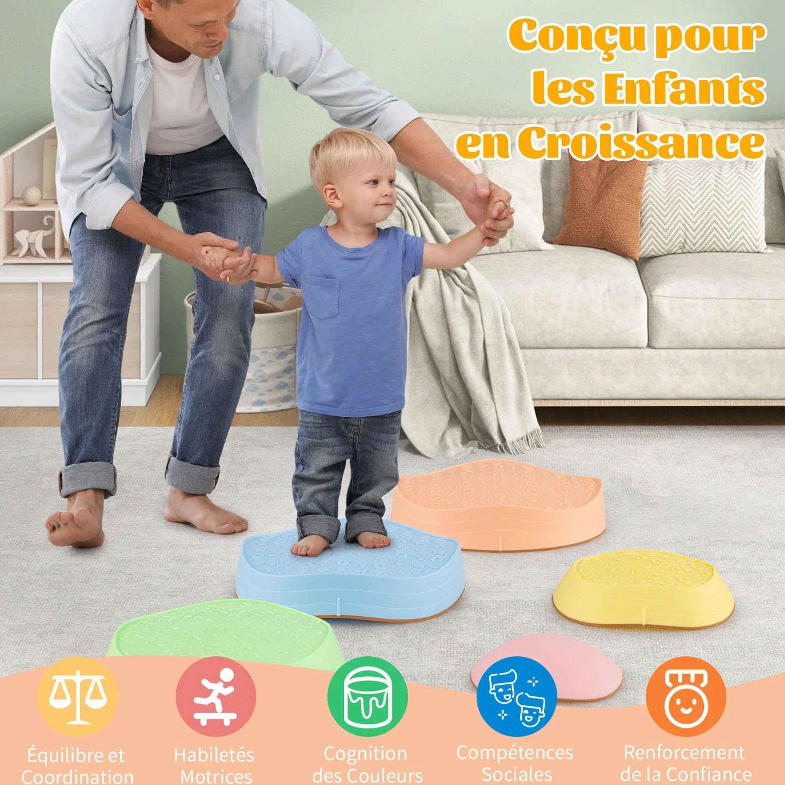 GOPLUS Pierres d'Équilibre pour Enfants, 5 Pièces Parcours de Motricité Antidérapantes Empilables avec Sac de Rangement