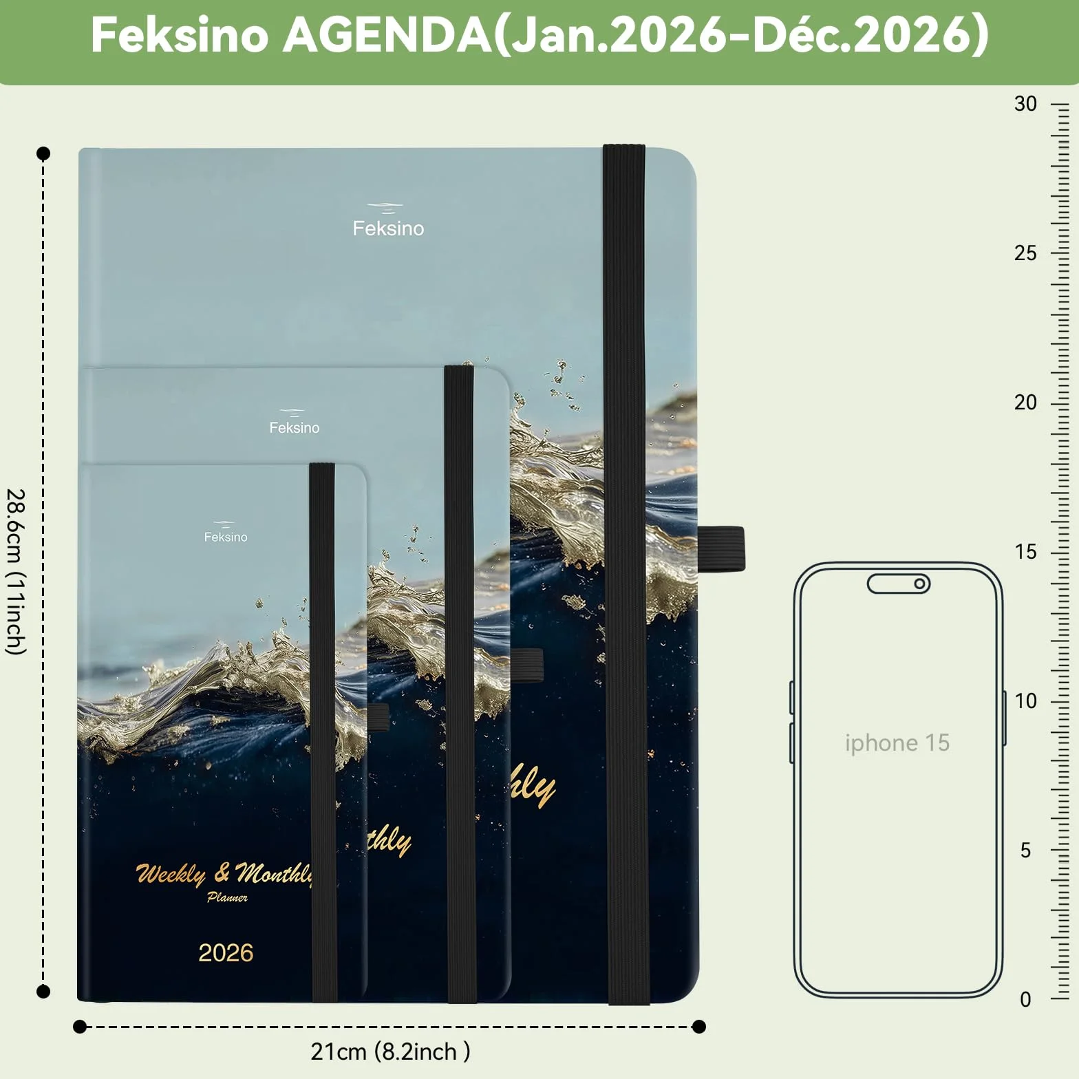 Agenda semainier 2026 A4 28,6 x 21 cm Couverture rigide 12 mois Janvier à Décembre