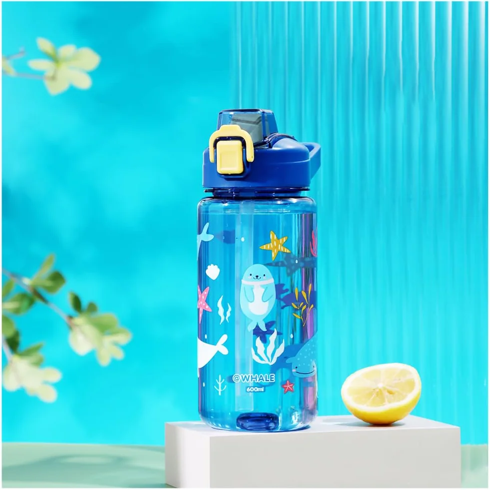 Gourde Enfant 600ml Paille Bouteille Eau sans BPA Anti-Fuite Bleu