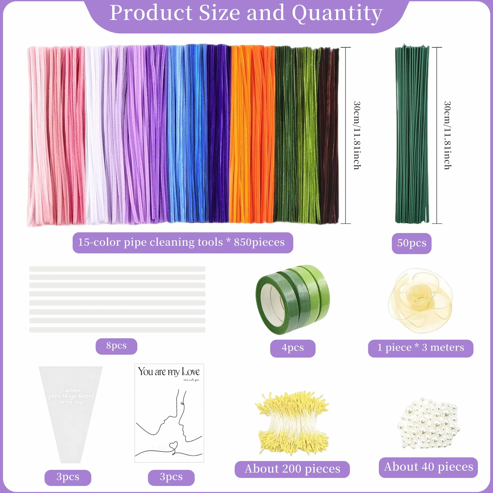 Kit Complet Fleurs en Fils Chenille 850 Cure-Pipes 15 Couleurs avec Étamines Artificiel pour Décoration DIY