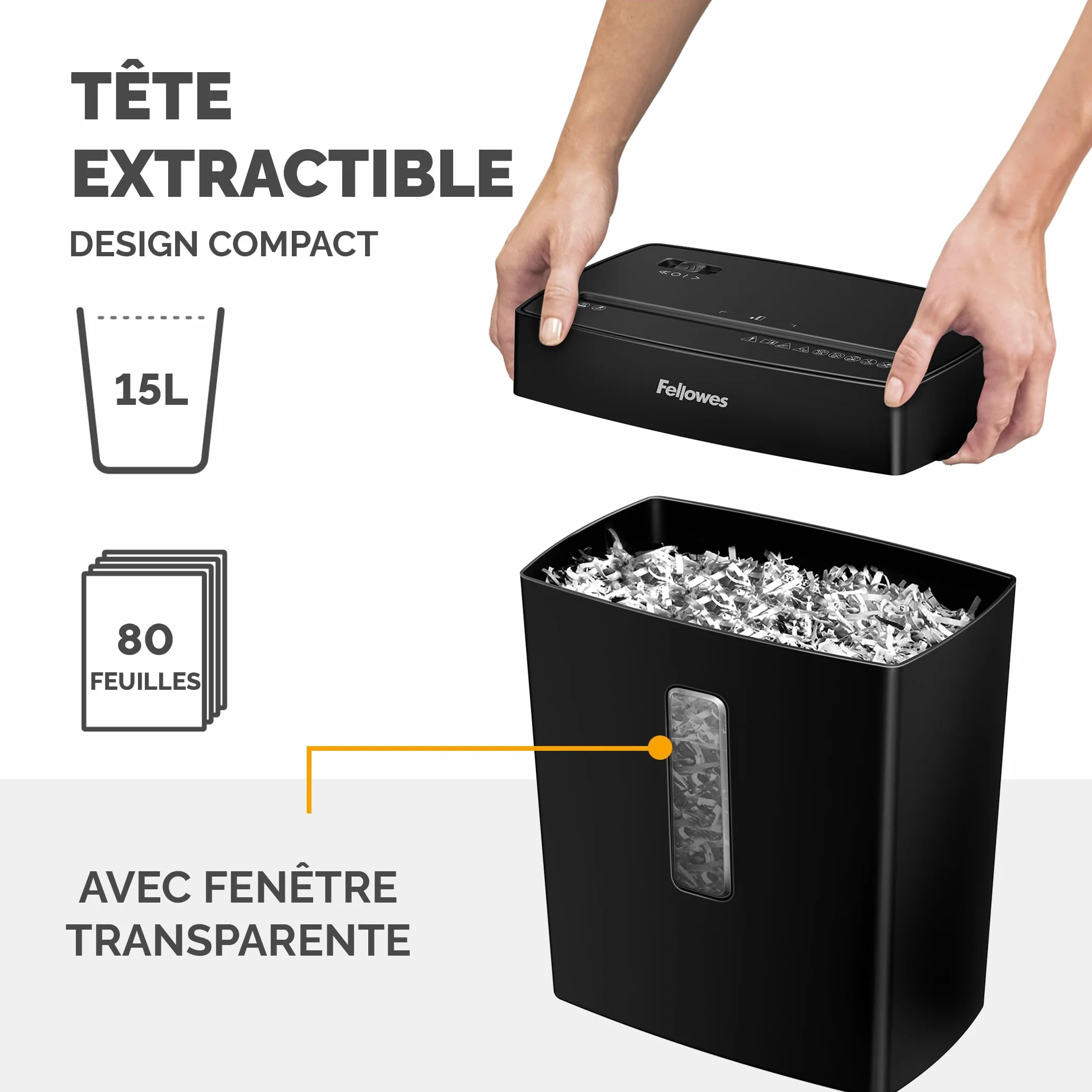 Fellowes Destructeur de documents FS-8C, coupe croisée, 8 feuilles, corbeille 15L, noir