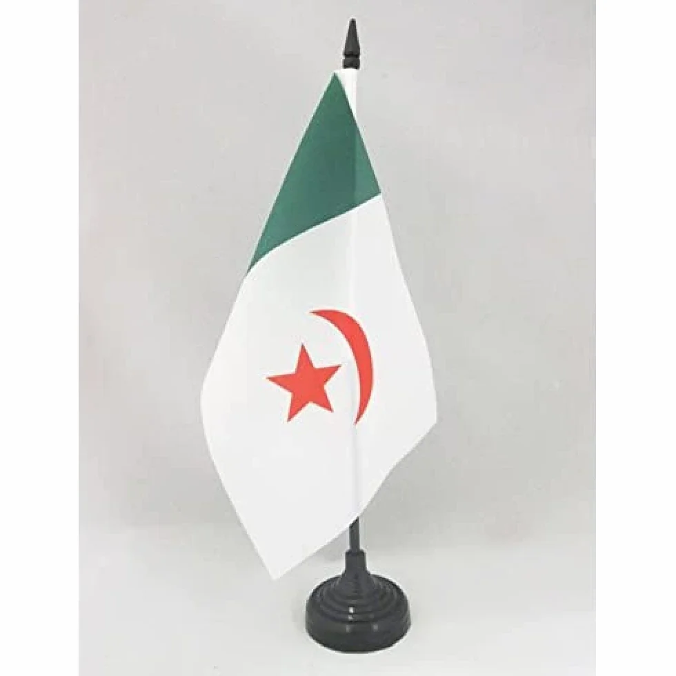 AZ FLAG Drapeau De Table Algérie Nationaliste 1960 21x14 cm Petit Drapeau Algérien Indépendentiste De Bureau 100% Polyester Avec Hampe 25cm Socle Plastique Noir