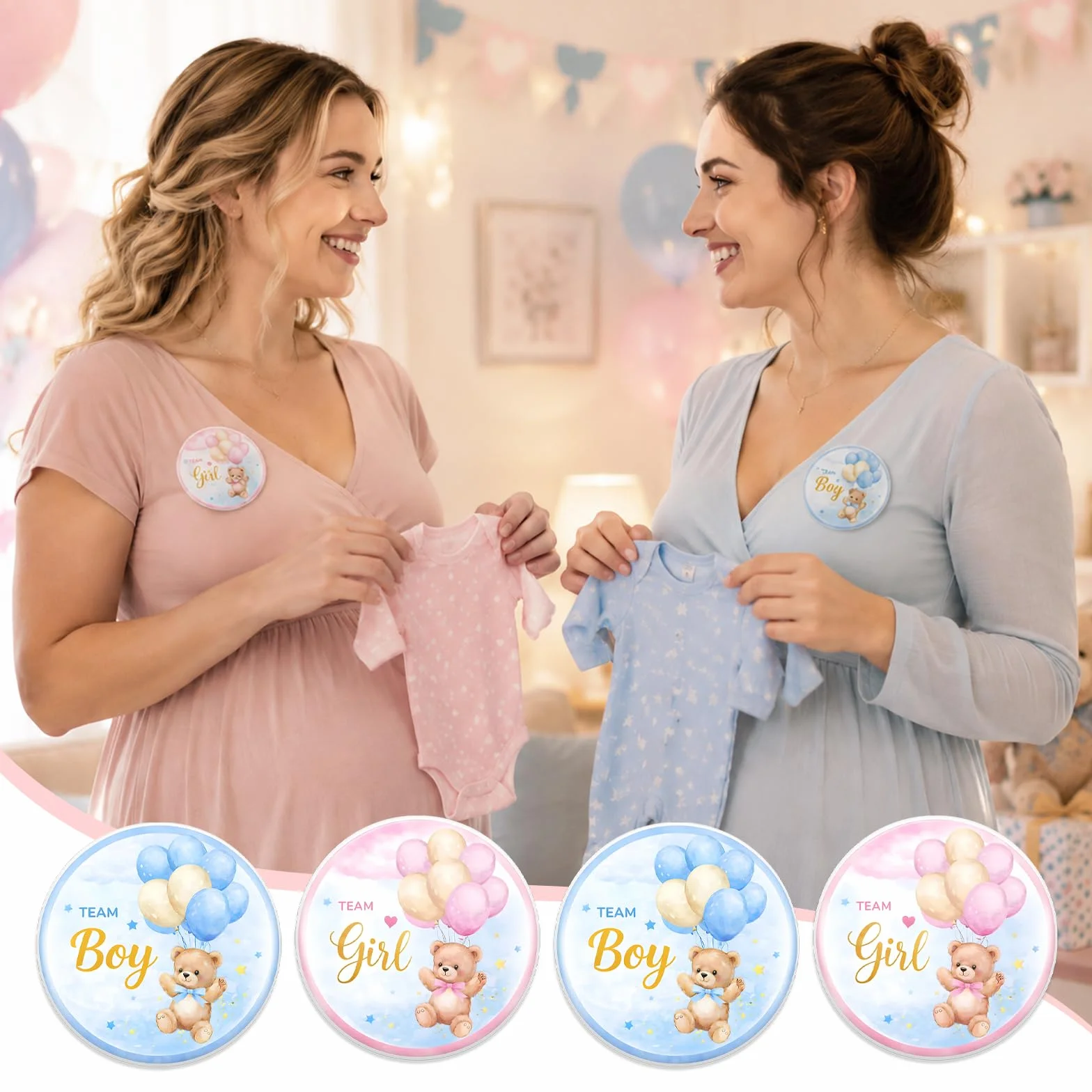 Gender Reveal Decoration Badge 50 Pièces Team Boy Team Girl Ourson Ballons Baby Shower