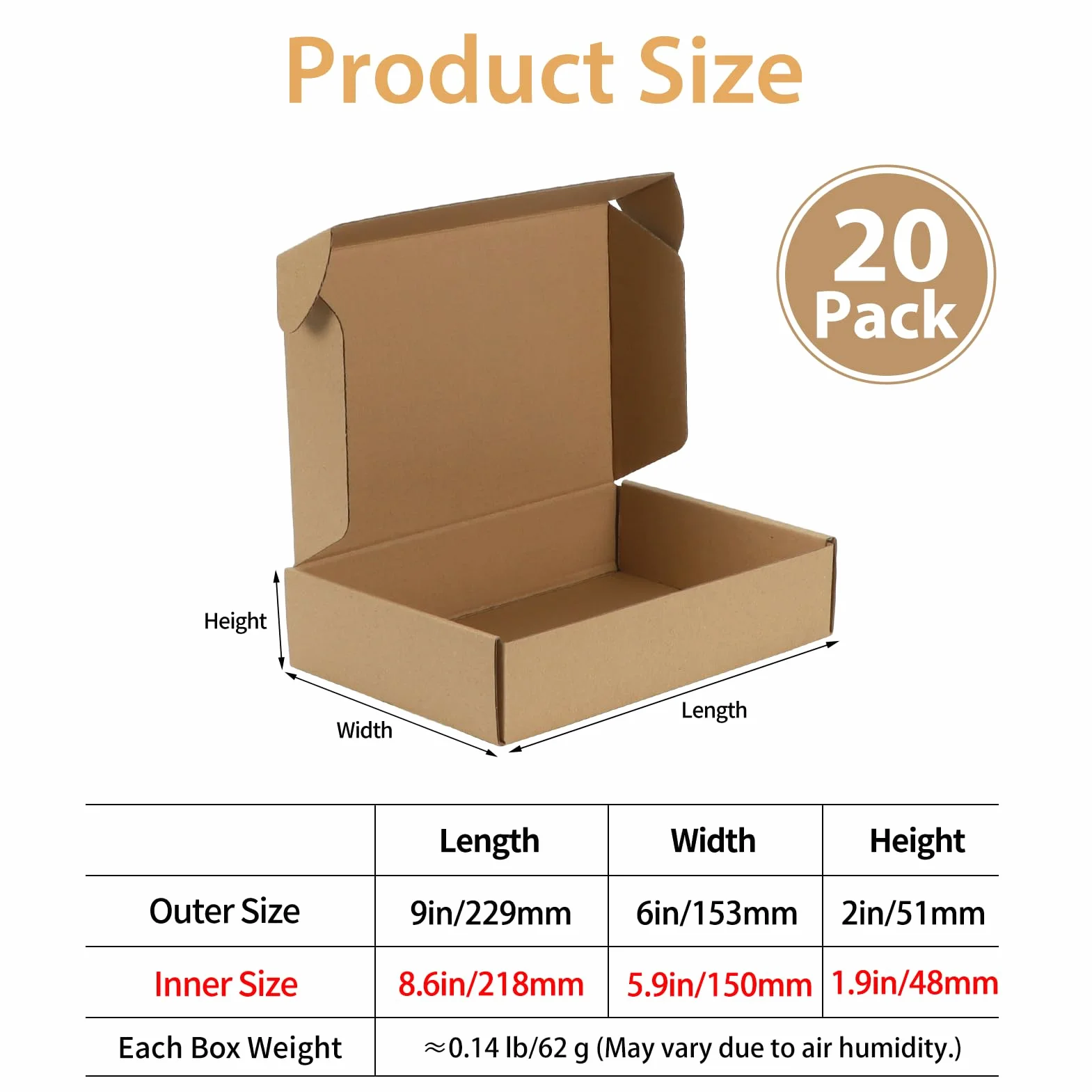 Giftgarden Boîtes d'expédition plates 22,9x15,3x5,1 cm Lot de 20 Carton Marron