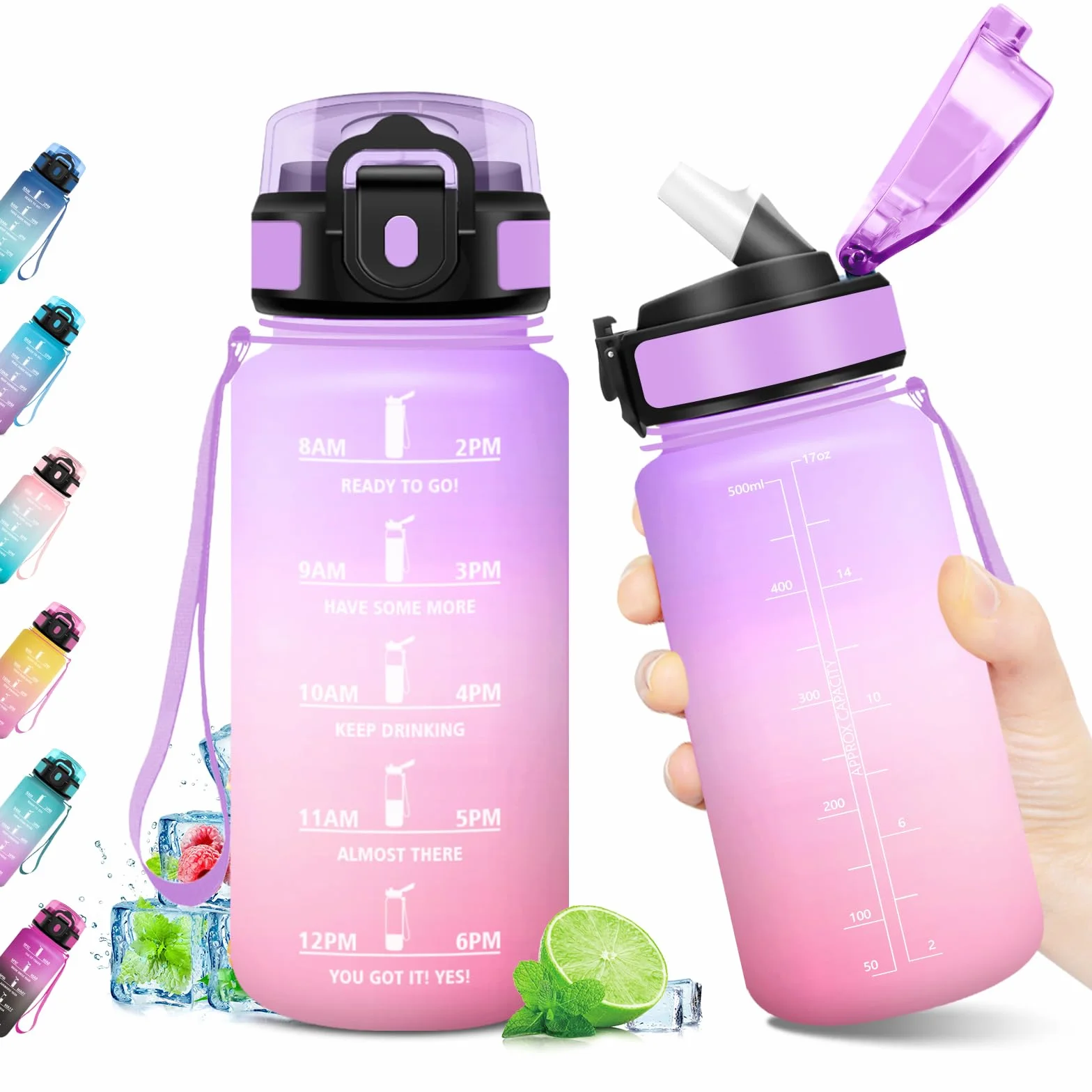 KollyKolla Gourde Enfant 500ml avec Paille sans BPA, Gourde Sport avec Marqueur de Temps, Bouteille d'eau Étanche Réutilisable